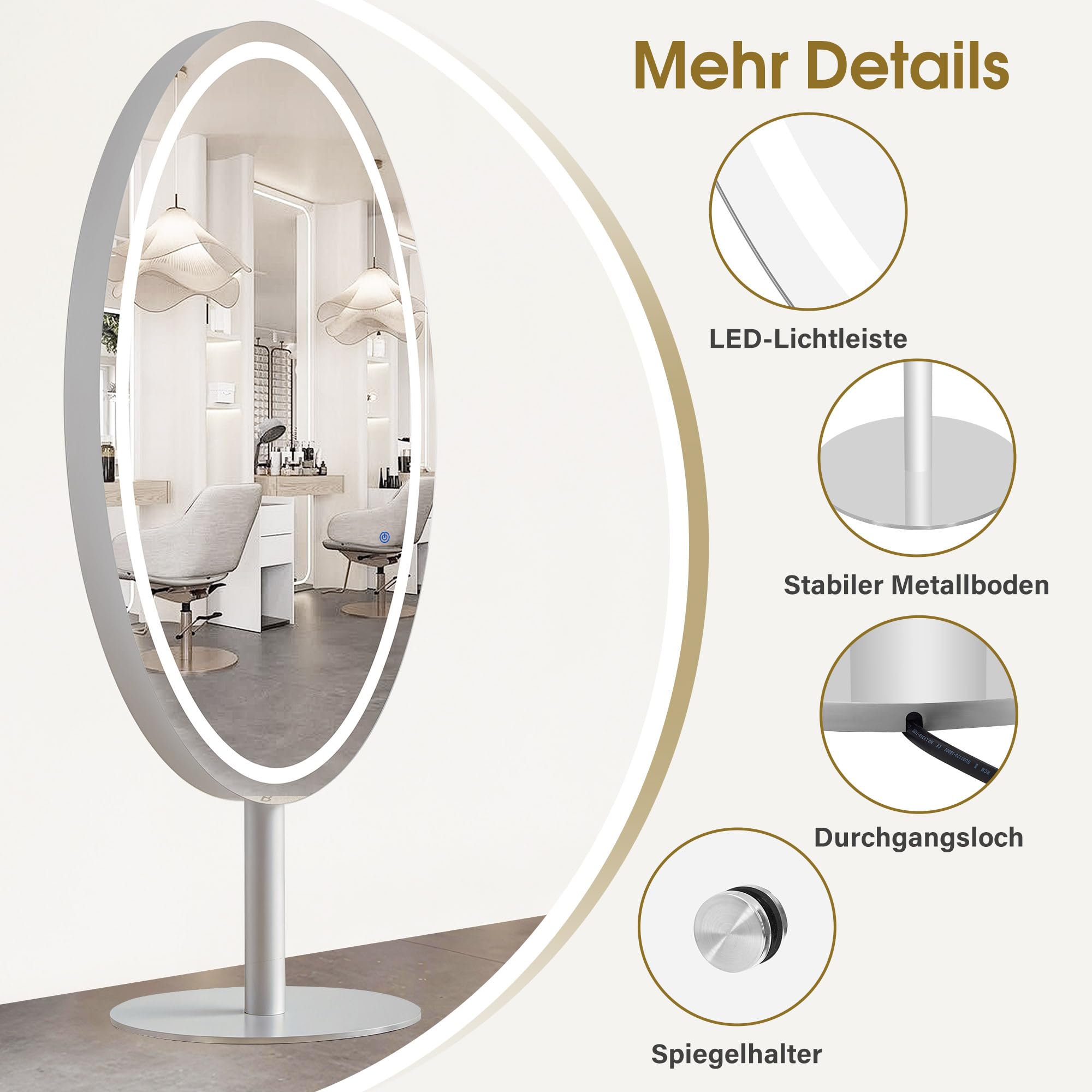 Barberpub Standspiegel mit Beleuchtung, Ganzkörperspiegel mit Edelstahl, Großer Doppelspiegel mit Sockel, Touch-Schalter, 3 Lichtfarben Dimmbar, für Friseursalon, 60x60x192 cm, J8363 (Silber)