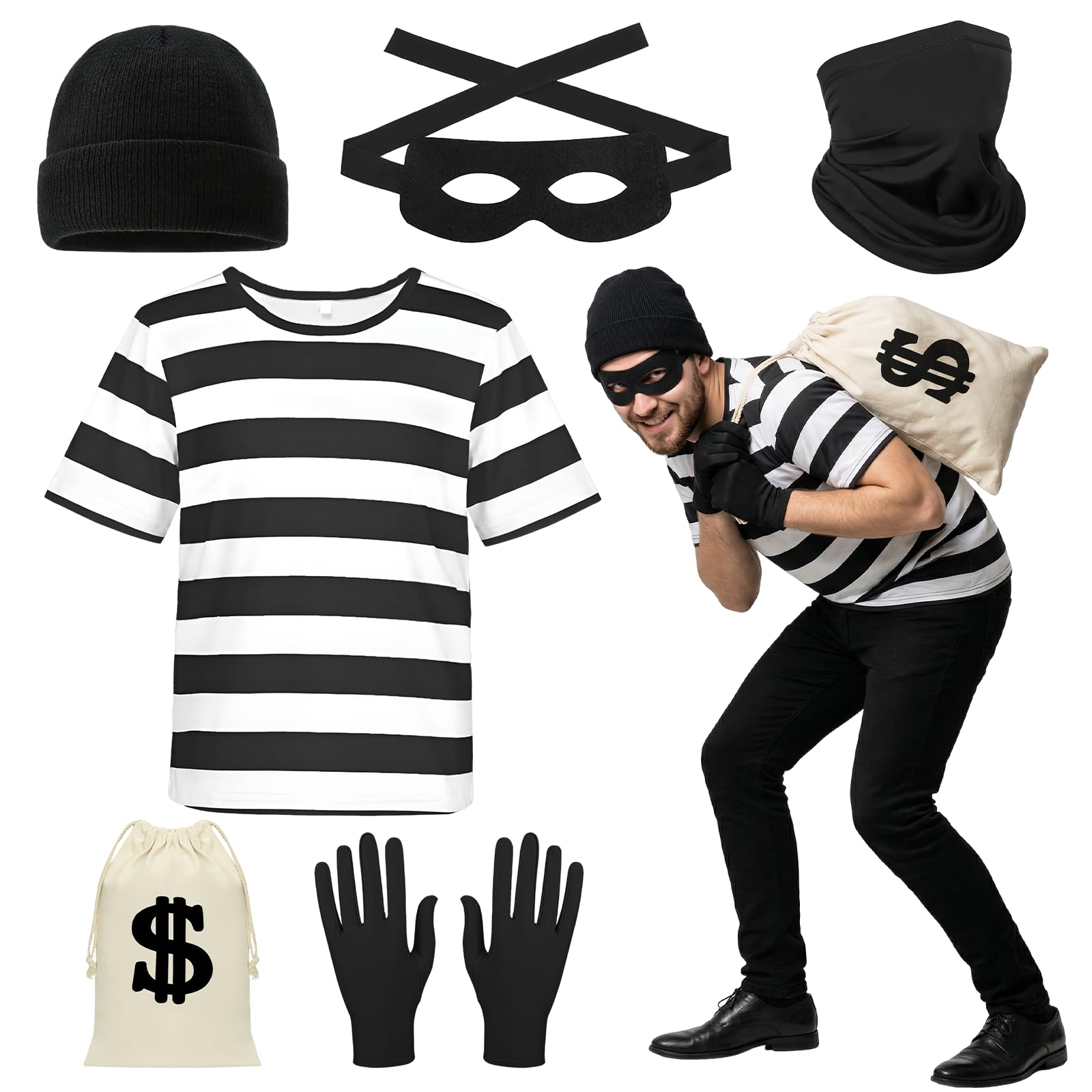 Adult Robber Fancy Dress Costume Set – 6 Piece Burglar Outfit Kit with Black & White Striped T-Shirt, Dollar Swag Bag, Beanie Hat, Eye Mask, Snood & Gloves for Halloween, World Book Day Events (2XL)