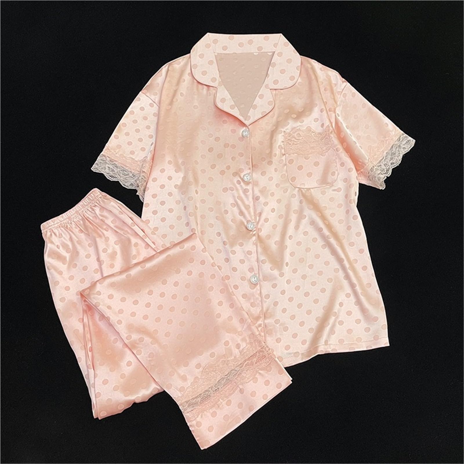 Pijamas de Mujer Jacquard Encaje Punto Dulce Rosa, camisón Perezoso romántico, Conjunto 2 Piezas Verano Harajuku for el hogar para Descanso en casa