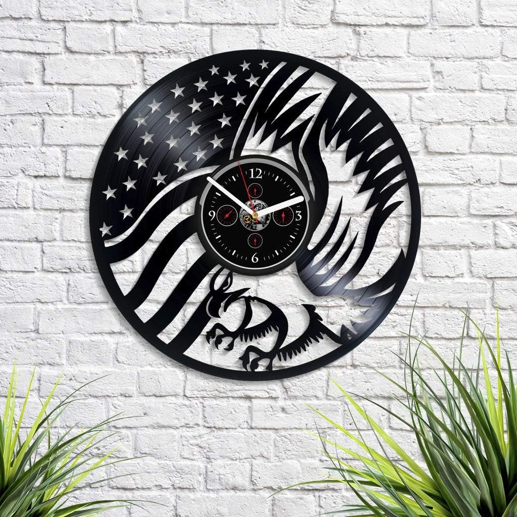American Eagle Wall Clock USA Flag Clock Bird Wall Clock Vintage Vinyl Record Retro Wall Clock Large Animal Wall Clock 12 Inch Birthday Gift Eagle Gift for Patriots New Year Gift