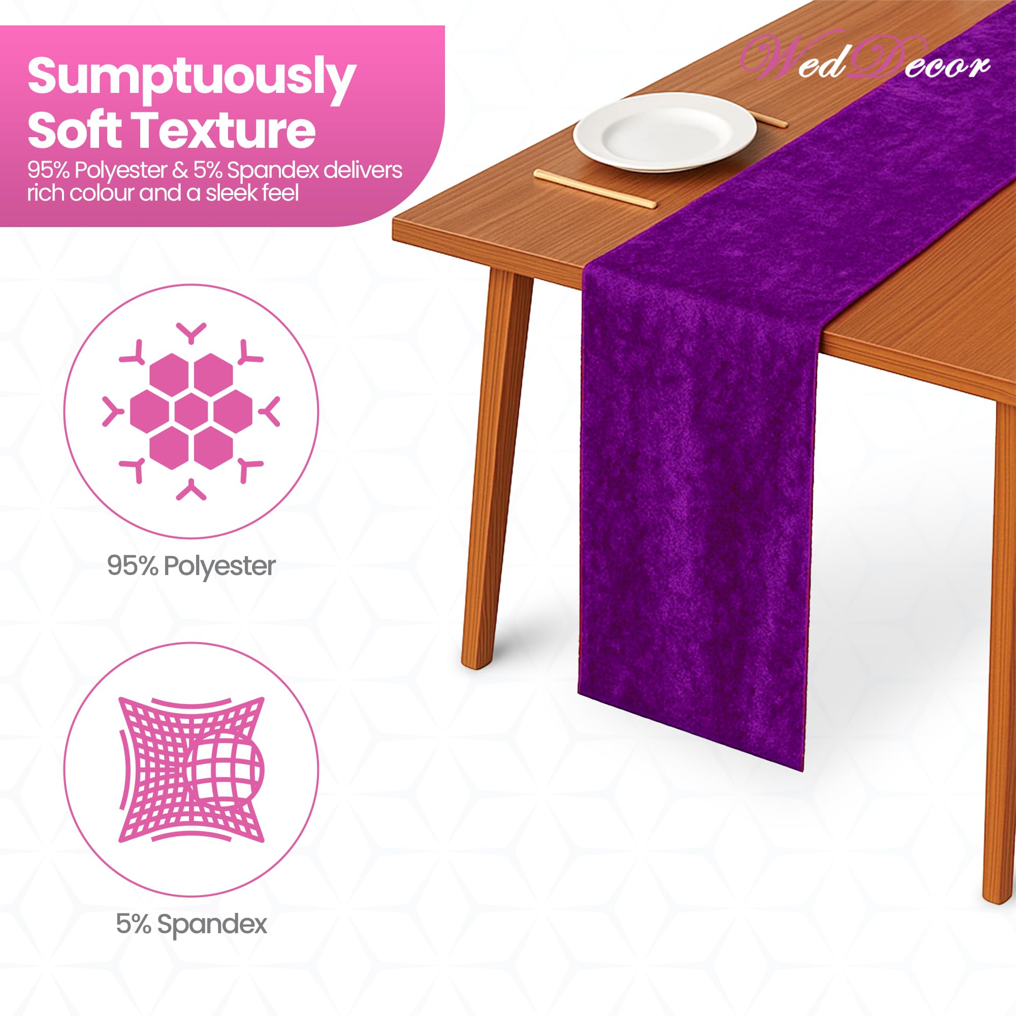 WedDecor Chemin de table en velours écrasé doux lavable pour mariage, cuisine, anniversaire, banquet, Noël et événements spéciaux, dîner, fête - 33 x 274 cm - Violet