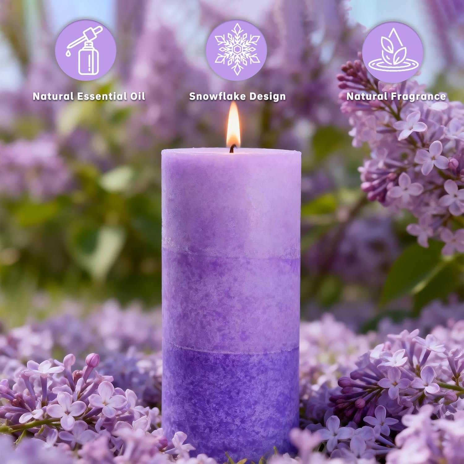 Lilac Scented Pillar Candles, 2.8x6 Inch Non-Toxic Purple Pillar Candle 210H Long Burning Smokeless Fragrance Candle Scented Candles for Home Decor Wedding, 3 Pack