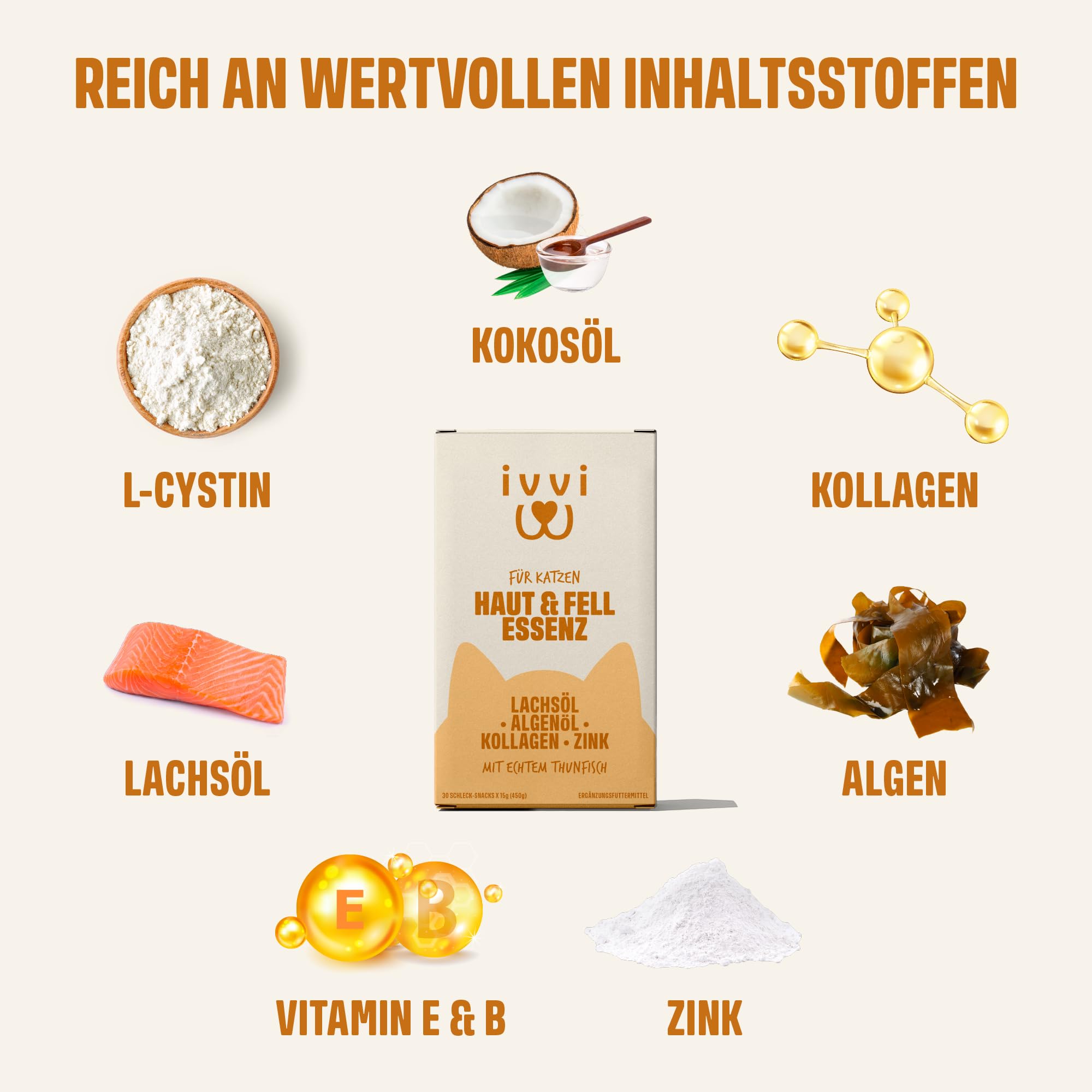 ivvi Haut & Fell Essenz für Katzen – Schlecksnack mit Lachsöl, Algenöl, Zink & Kollagen – unterstützt Haut & Fell – 30x15g – mit echtem Thunfisch