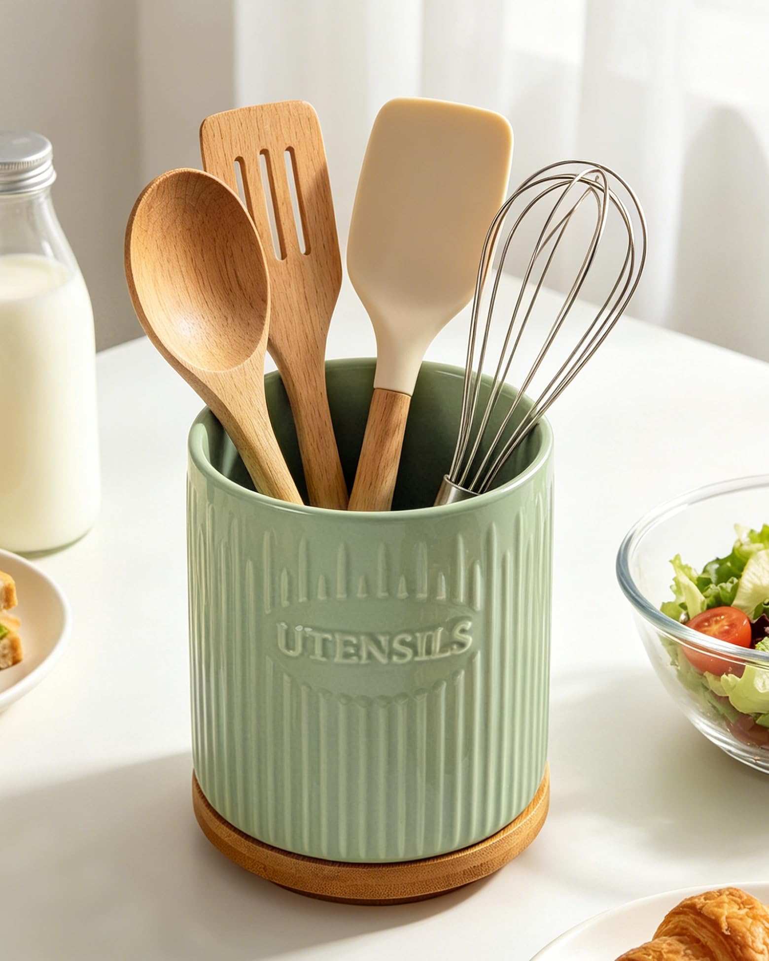 Porte-ustensiles rotatif à 360°, grand organiseur de cuisine en céramique de 19,5 cm avec base en bambou, stable, décoration de cuisine de style fermière, vert