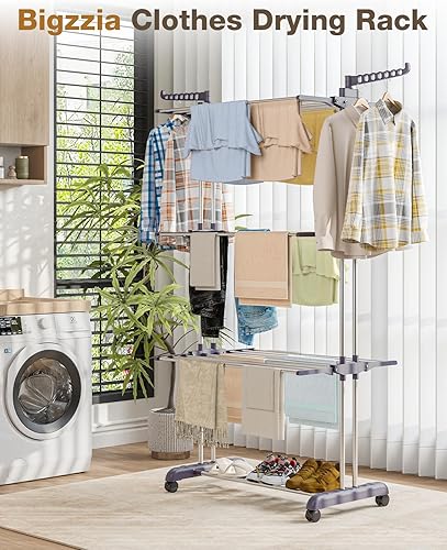Vista 2 de Bigzzia Tendedero de Ropa Plegable Tendedero de Secado de Ropa de 4 Niveles Tendedero de Ropa con Dos Alas Laterales de Acero Inoxidable Gris