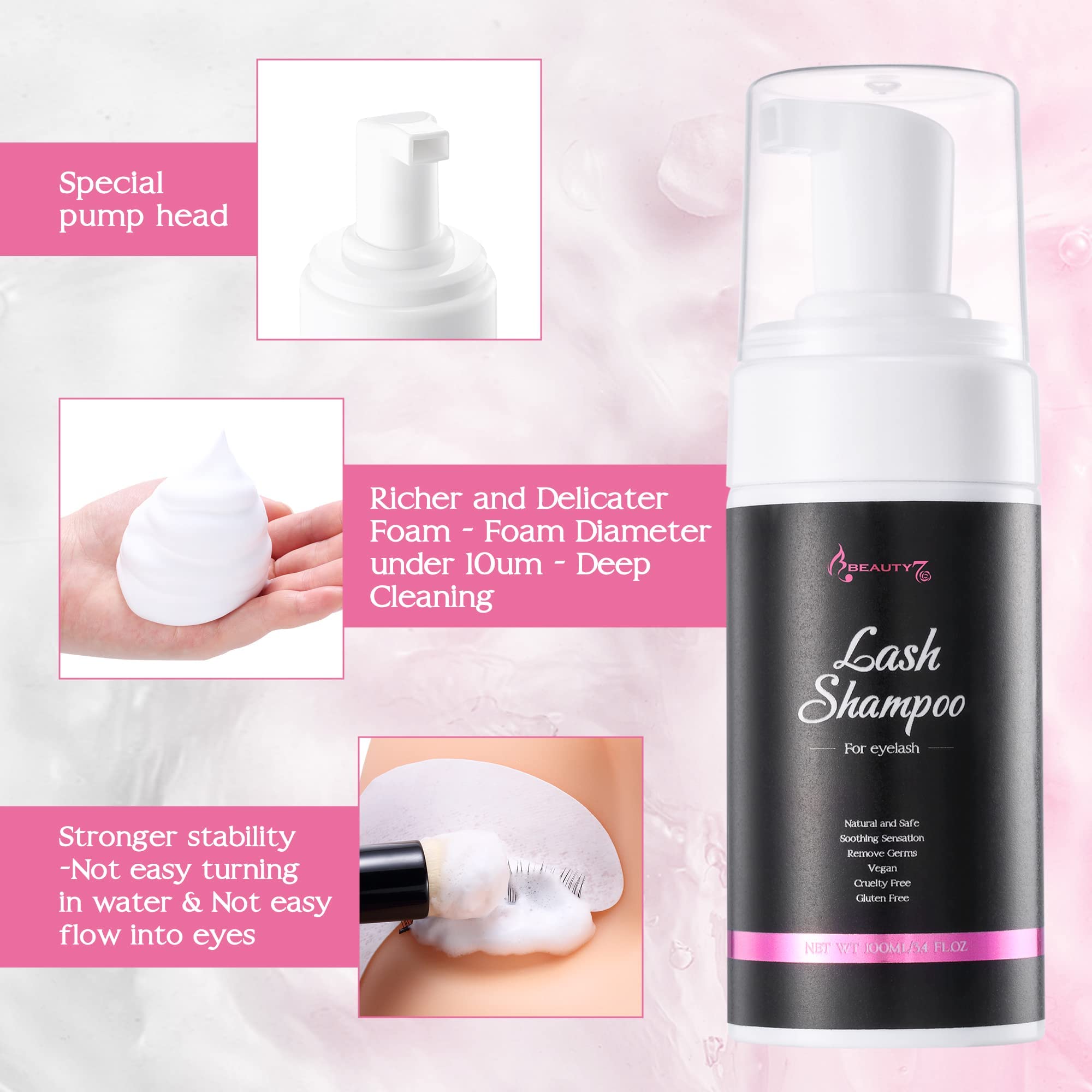 100ml Shampoo per Ciglia Extension Detergente in Schiuma per Ciglia con Spazzola Beauty7