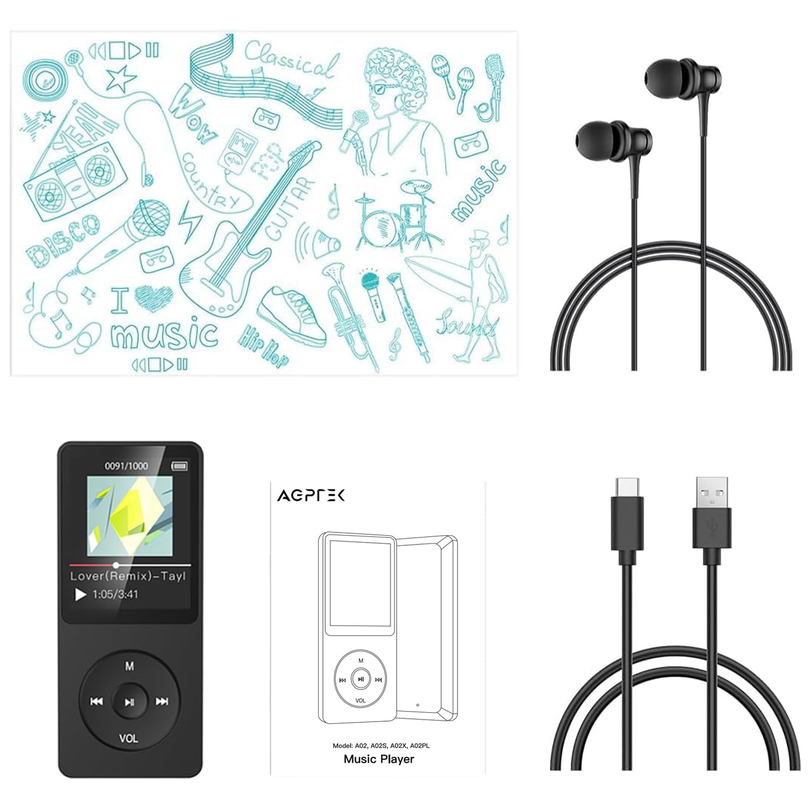 AGPTEK 64 GB Klassischer MP3 Player, 70 Stunden Akkulaufzeit tragbare HiFi Musik Player mit Kopfhörer, FM Radio, Aufnahmen, verlustfreie Musikwiedergabe bis zu 128 G, Schwarz