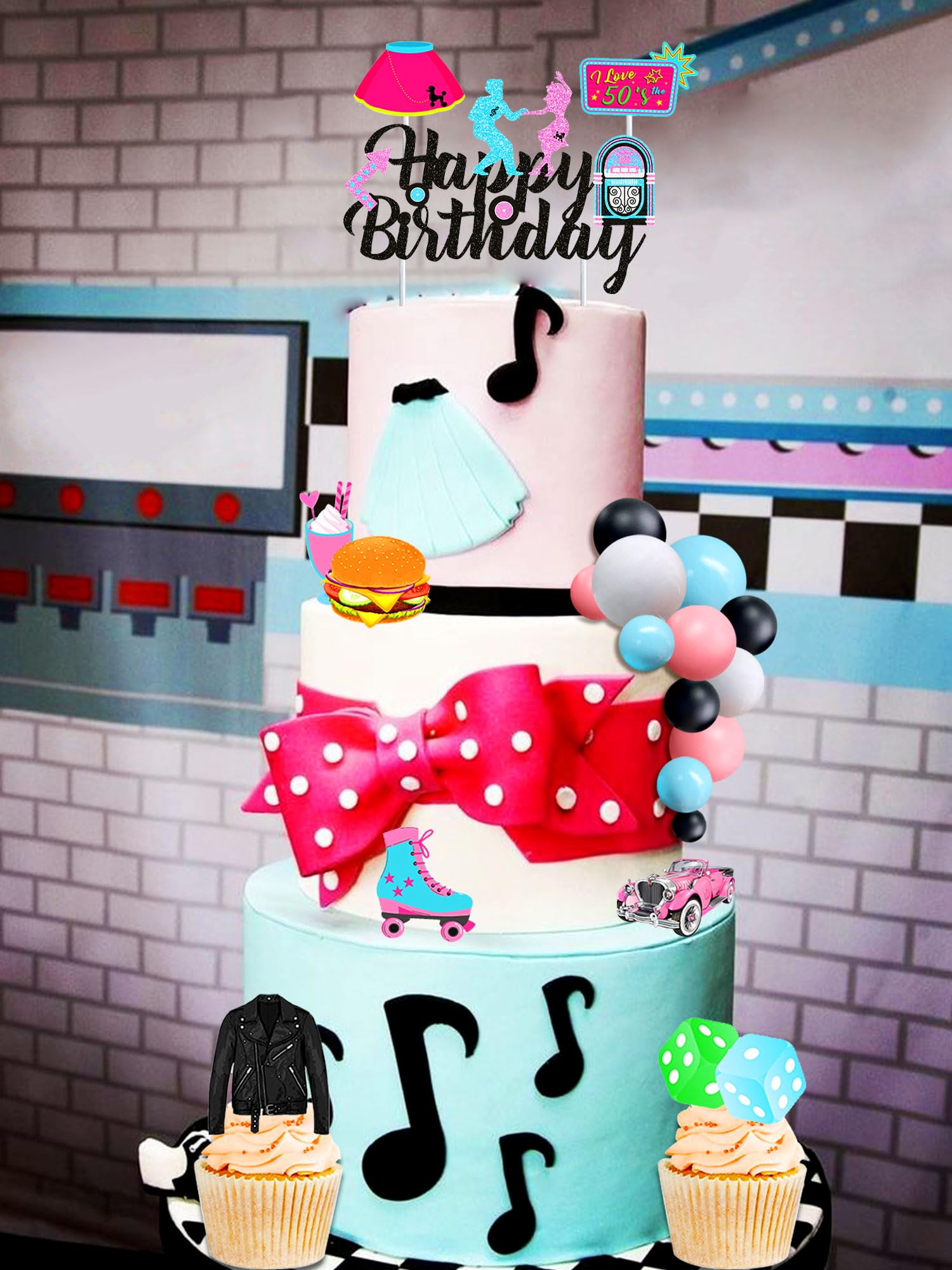 JeVenis Topper Per Torta Anni '50 - Decorazioni Festa A Tema Con Palloncini E Topper, Happy Birthday, Compleanno Retrò USA - 4