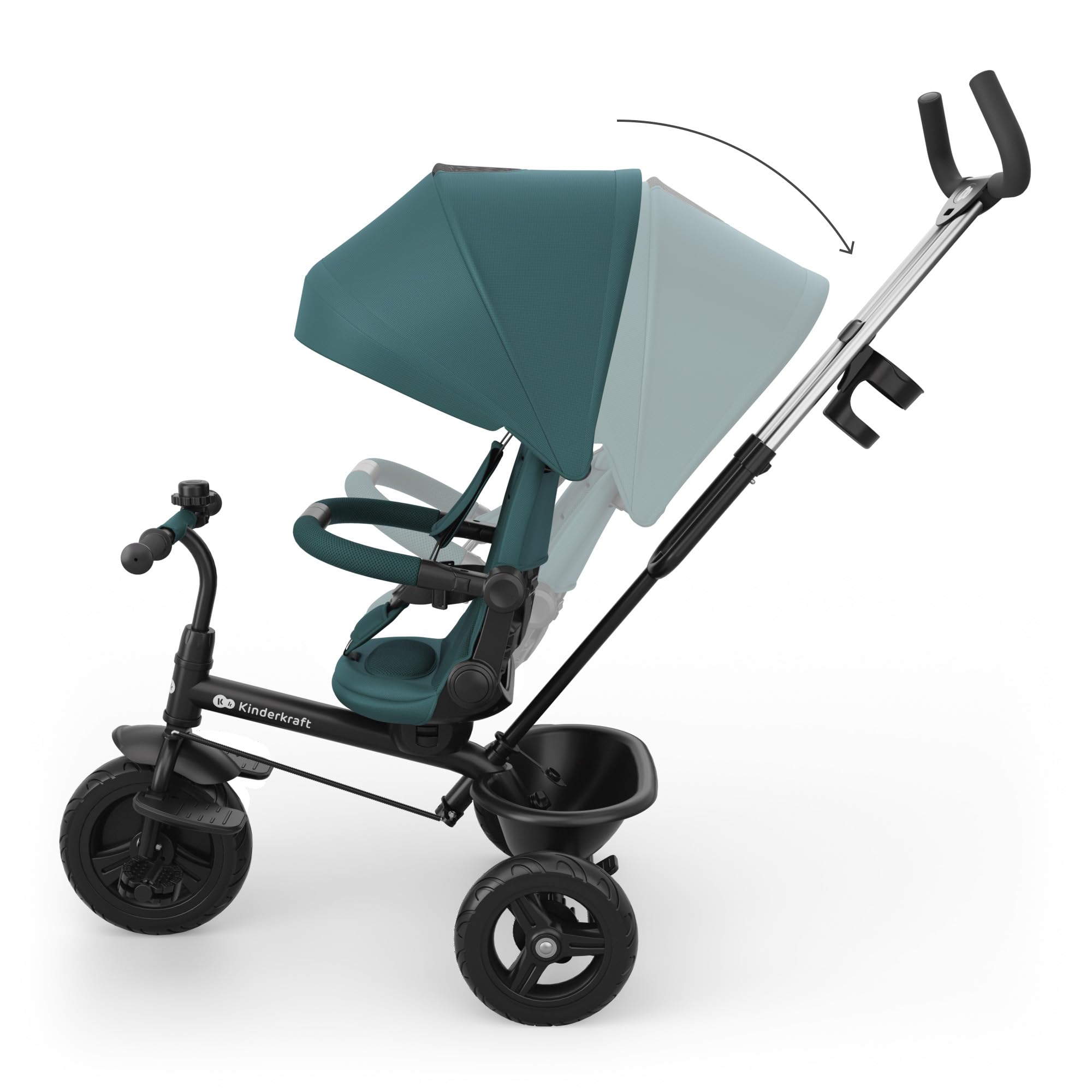Kinderkraft ASTON 2 PLUS triciclo bambini 6 in 1, seduta 360°, posizione semi-reclinata, maniglione genitori, capottina, pedali liberi, Verde