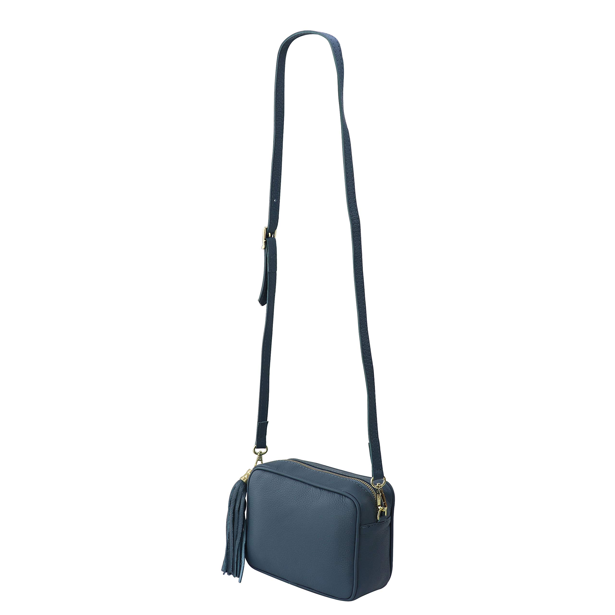 SH Leder Chiara G209 - Bolso bandolera de piel auténtica, tamaño mediano, pequeño, con cremallera, 21 x 15 cm, azul vaquero, S