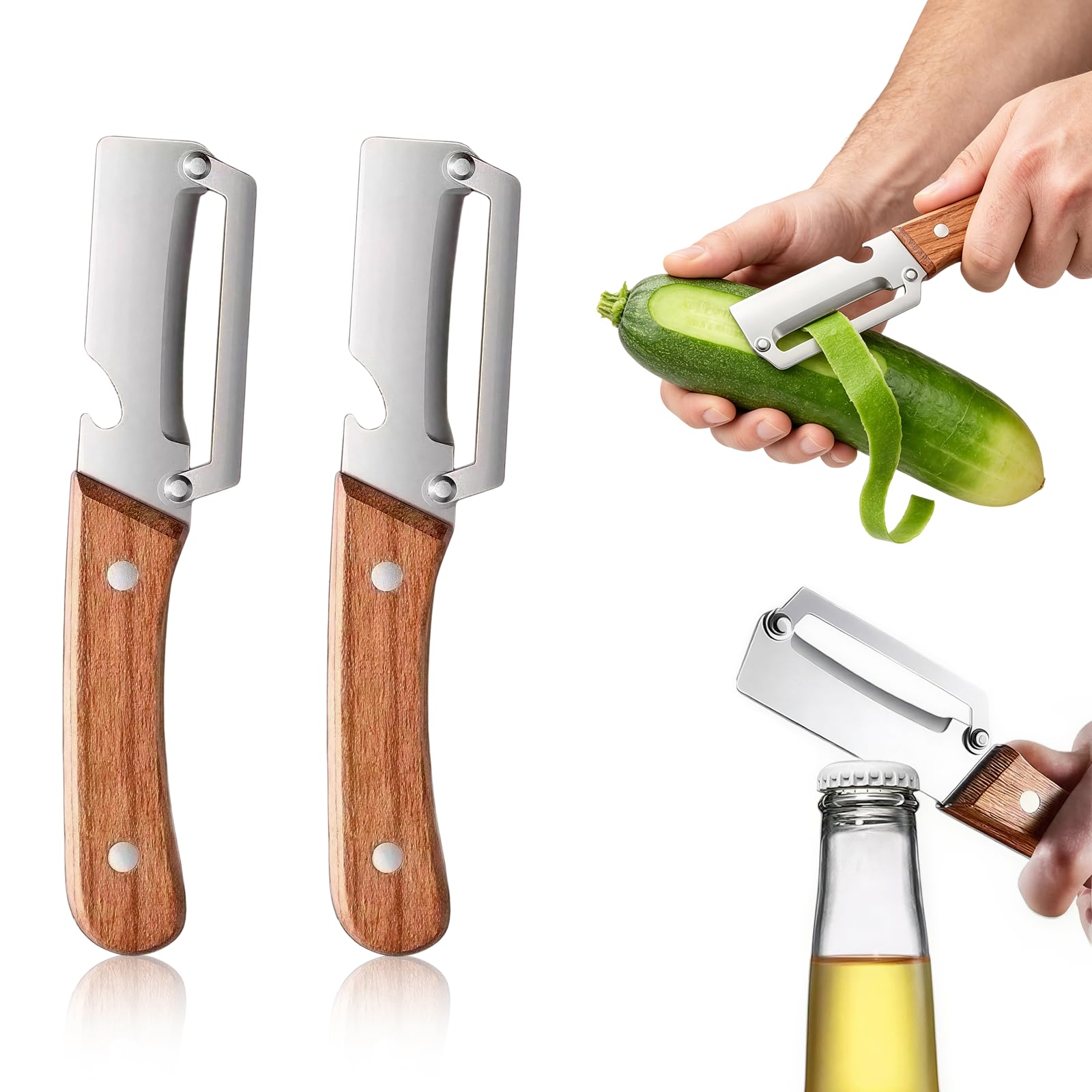 Photo 1 of 2 Pack Multi-Functional Stainless Steel Thickened Fruit Peeler Knife for Kitchen, Ultra-Sharp Blade with Wooden Handle and Bottle Opener, for Fruit Veggie that Need to Be Peeled