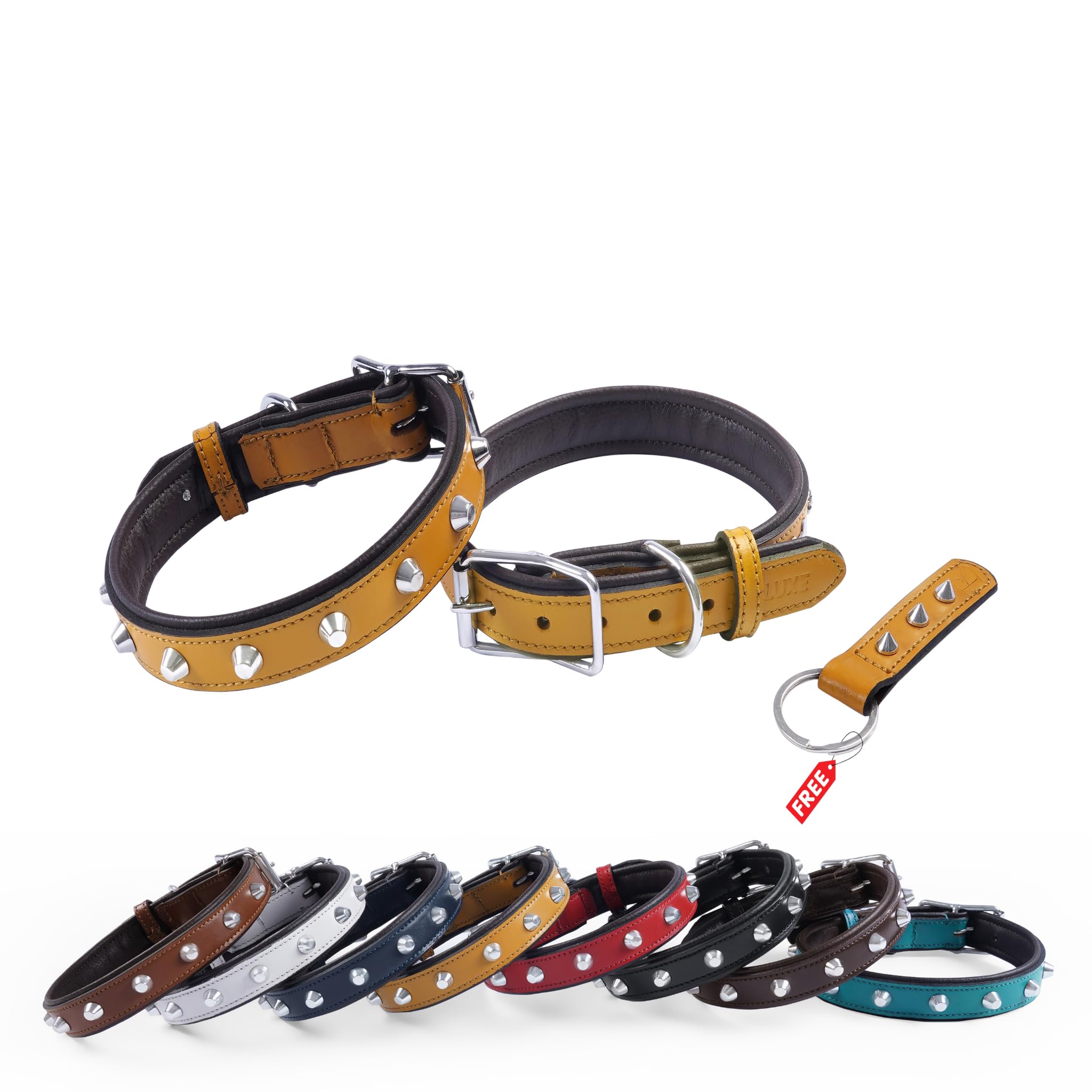 REDLUXE Genuine Leather Studded Dog Collar, Soft Padded Adjustable Pet Collar with Heavy Duty Buckle & D-Ring, Luxury Leather Collar for S, M & L Dogs, Includes Free Matching Keyring (YELLOW, XL)