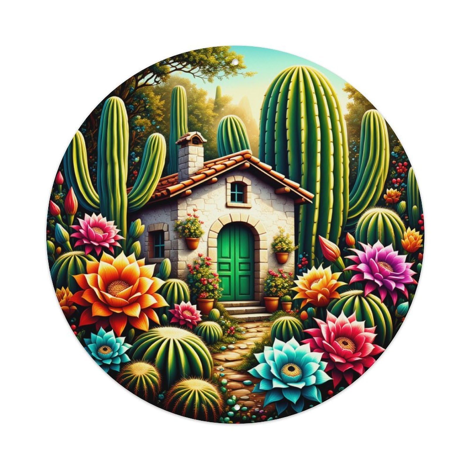 Cactus Cottage Floral Garden Scene Round Tin Sign Vintage Metal Poster, Home Bar Garage Man Cave Cafe Indoor & Outdoor Wall Decoration 8x8Inches