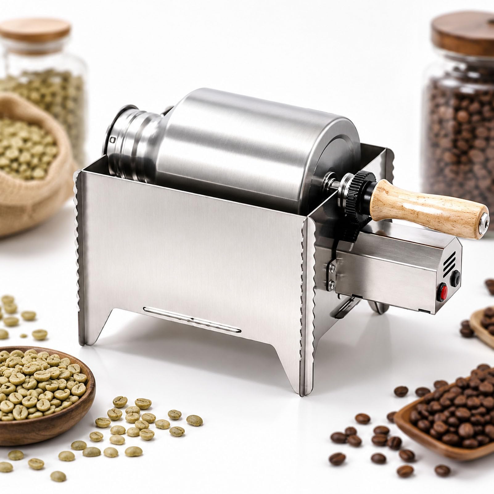 PioMue Portable Coffee Bean Roaster with Wooden Handle StainlessSteel
