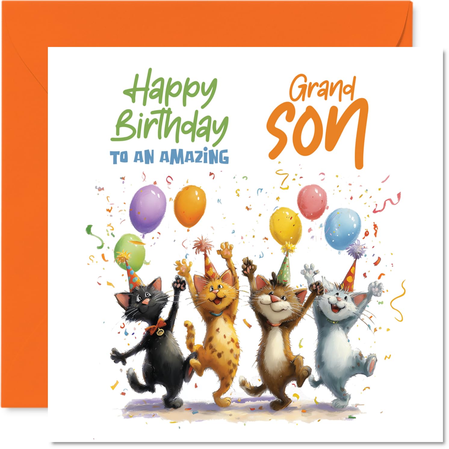 Playful Birthday Card for Grandson - Bursting with Birthday Cheer - Playful Cats and Colourful Balloons in a Festive Scene - 145mm Square, Envelope Included