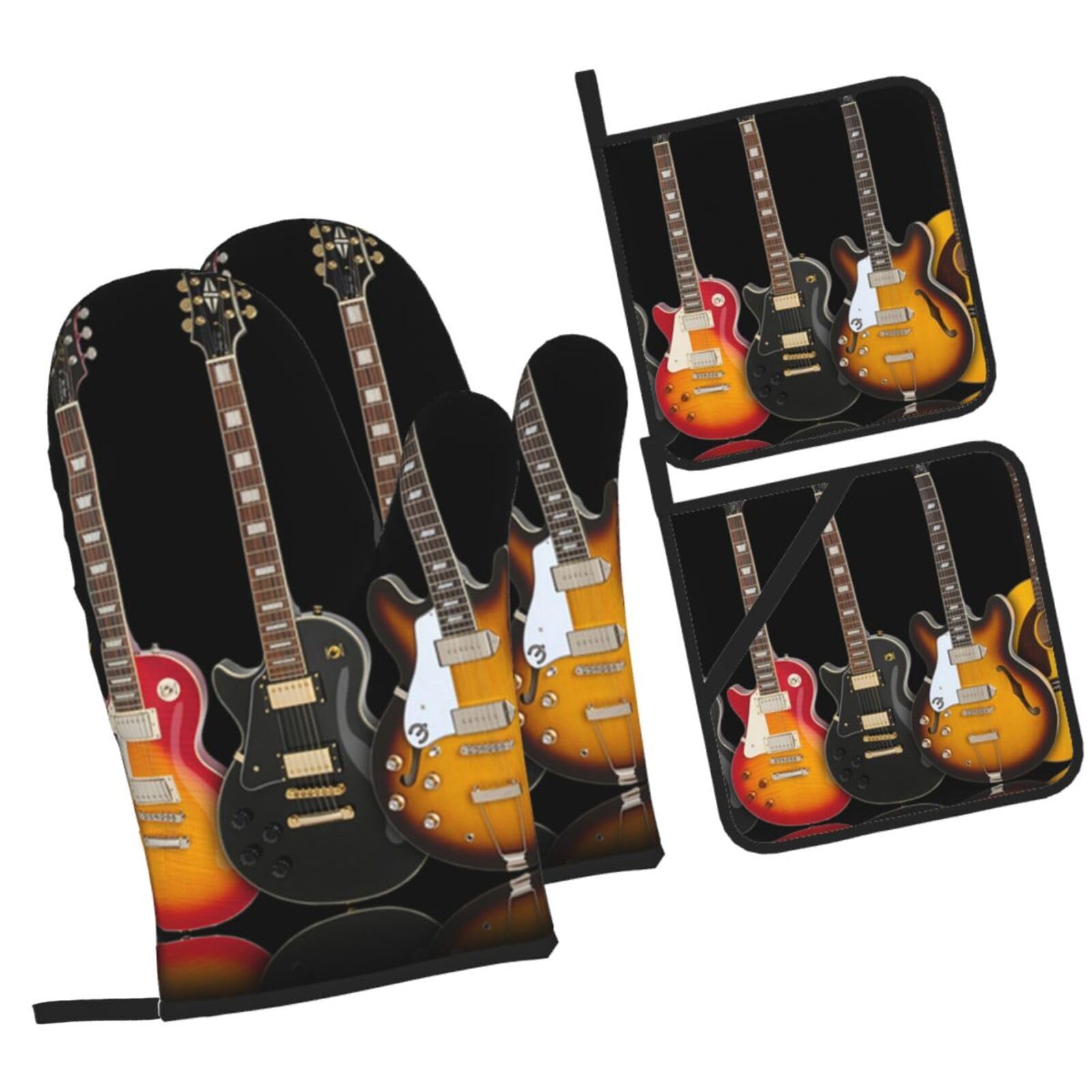 electric guitar Printed Oven Mitts and Pot Holders Heat Resistant Set of 4 Pcs, Modern Kitchen Gloves & Potholders for Cooking Baking Grilling