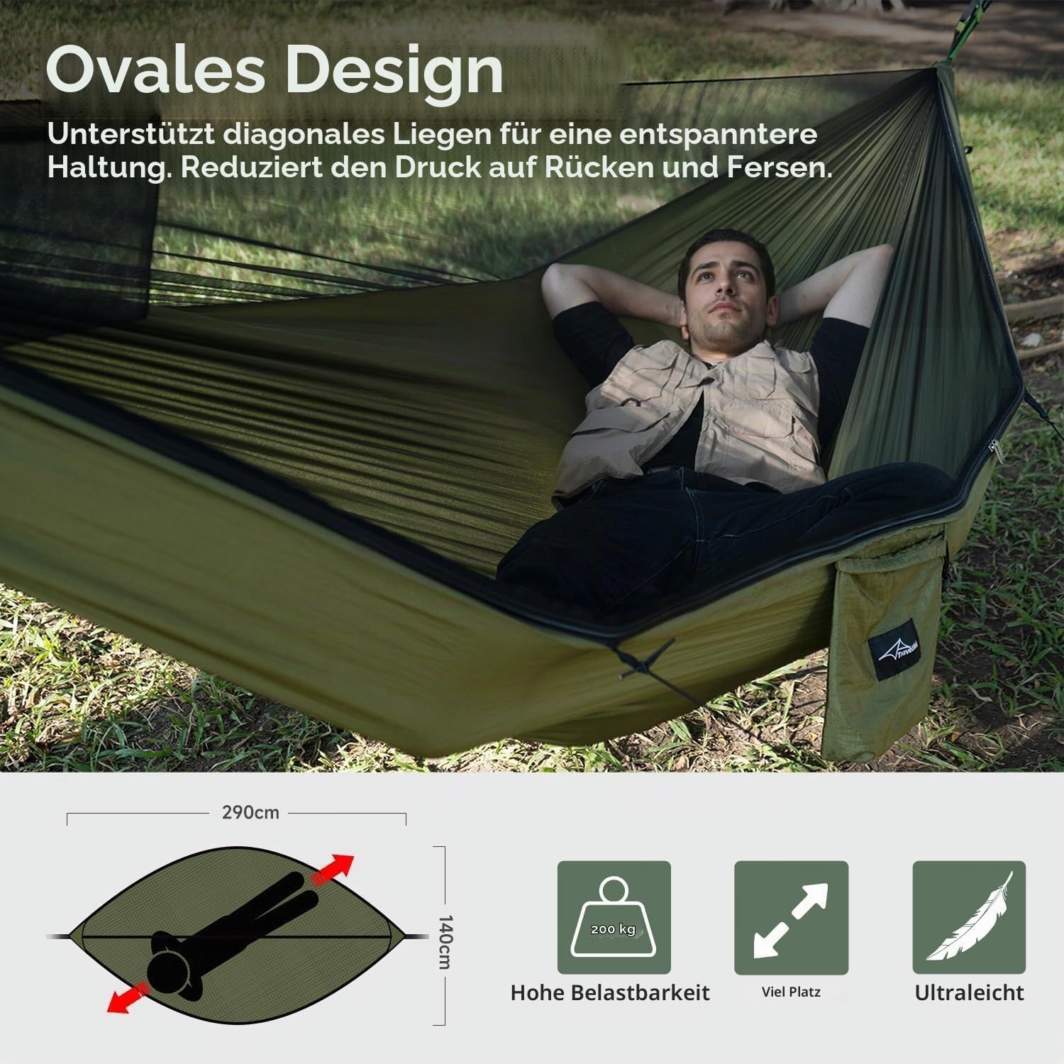 Camping Hängematte mit Moskitonetz und Firstseil, Extra Groß für 2 Personen 290 x 140cm, All-in-One Schnell Offen Ultraleichte Hängematten für Draußen, Wandern, Reisen und Rucksacktour