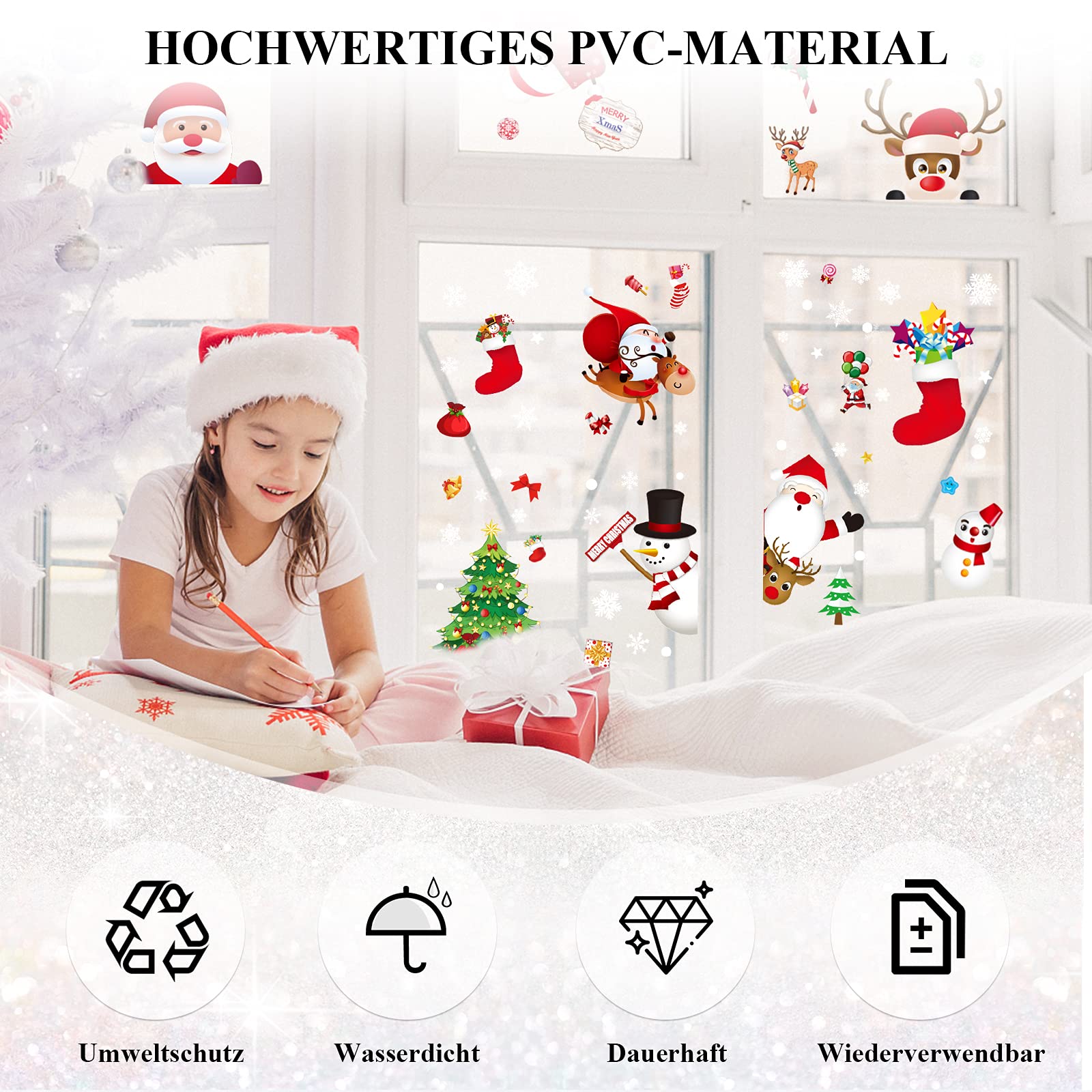 9 Weihnachts-Fensterbilder Selbstklebend - Schneemann, Elch & Weihnachtsbaum