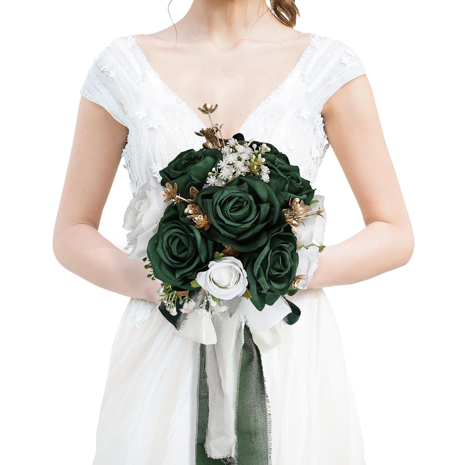 prom bouquet for emerald green dress Gold White Wedding Bride Artificial Roses Flowers Missionverte size:MEDIUM Harmony Max Dress for Silhouette:HIGH- LOW giving it a refined
