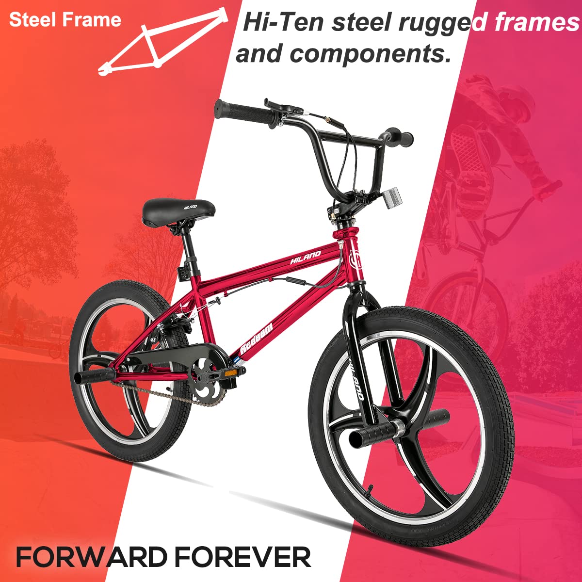 HILAND Bicicletta BMX da 20 pollici a 3 raggi，rotore da 360 gradi per Stile Libero，bicicletta BMX a 4 perni per Allenamento e acrobazie，Rosso