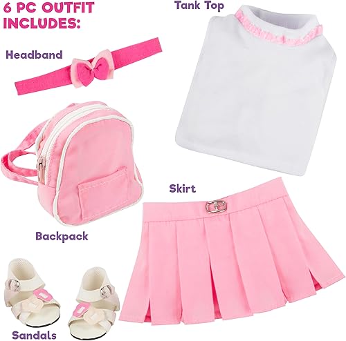 Miniatura 2 de Conjunto de 5 piezas de muñeca escolar casual de 18 pulgadas con mochila rosa, juego de ropa y accesorios estadounidenses que incluye camisa, falda,