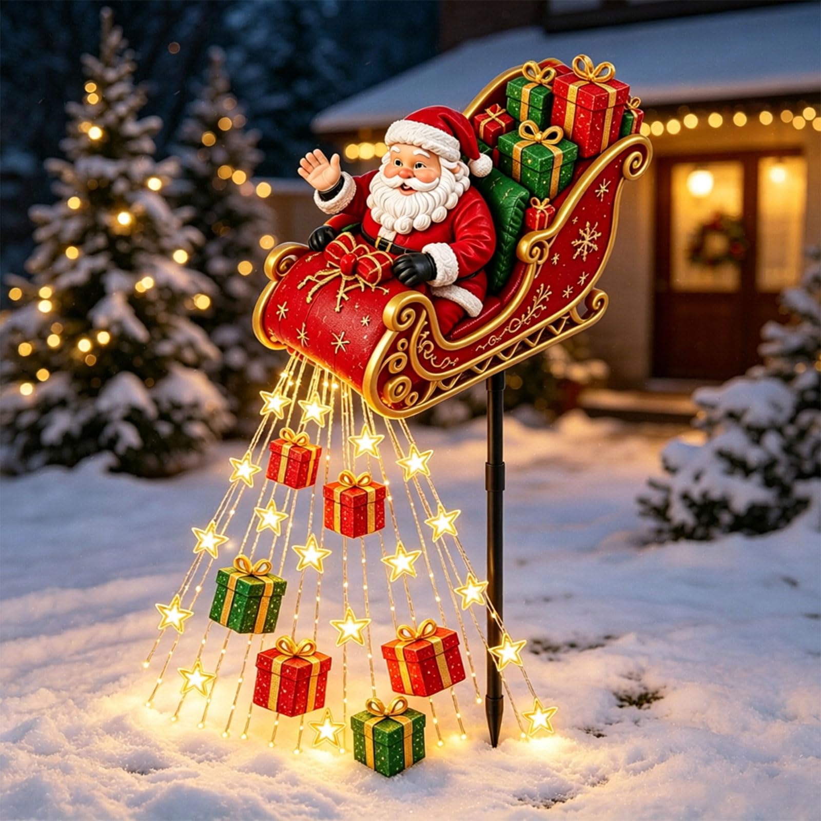 Santa Flying Sleigh Gift Cascade, LED Christmas Star Lights Outdoor Yard