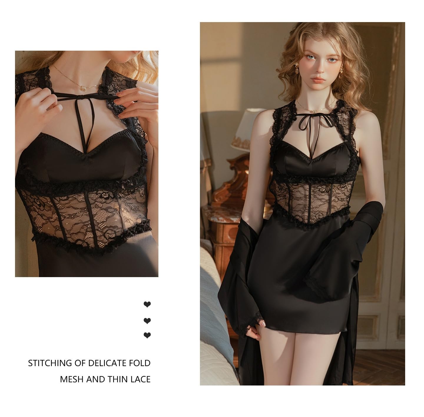 Vestaglia Sposa Completo da Notte/Vestaglia in Raso con Scollo A V E Lacci, in Pizzo Trasparente