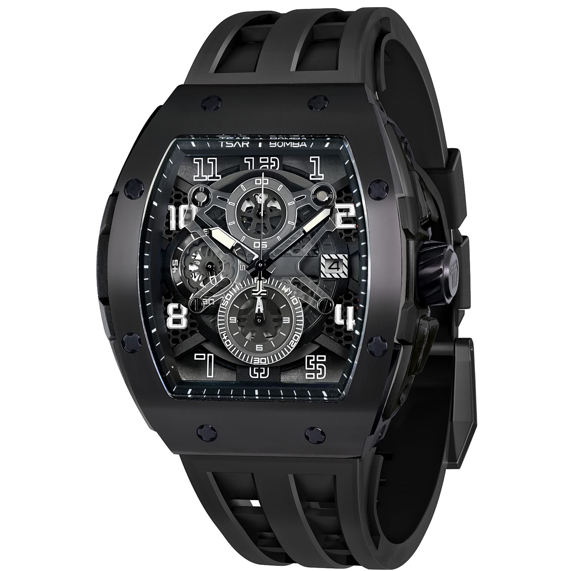 TSAR BOMBA Watches for Men Luxury Tonneau Wristwatch Analog 50M Waterproof Sapphire Glass Japanese Quartz Movement Silicone Strap Chronograph A-Level Luminous Fashion Watches Business Gift for Men, black and black, Chronograph,Quartz Movement (B0BM4JCHZZ) Amazon Price History, Amazon Price Tracker