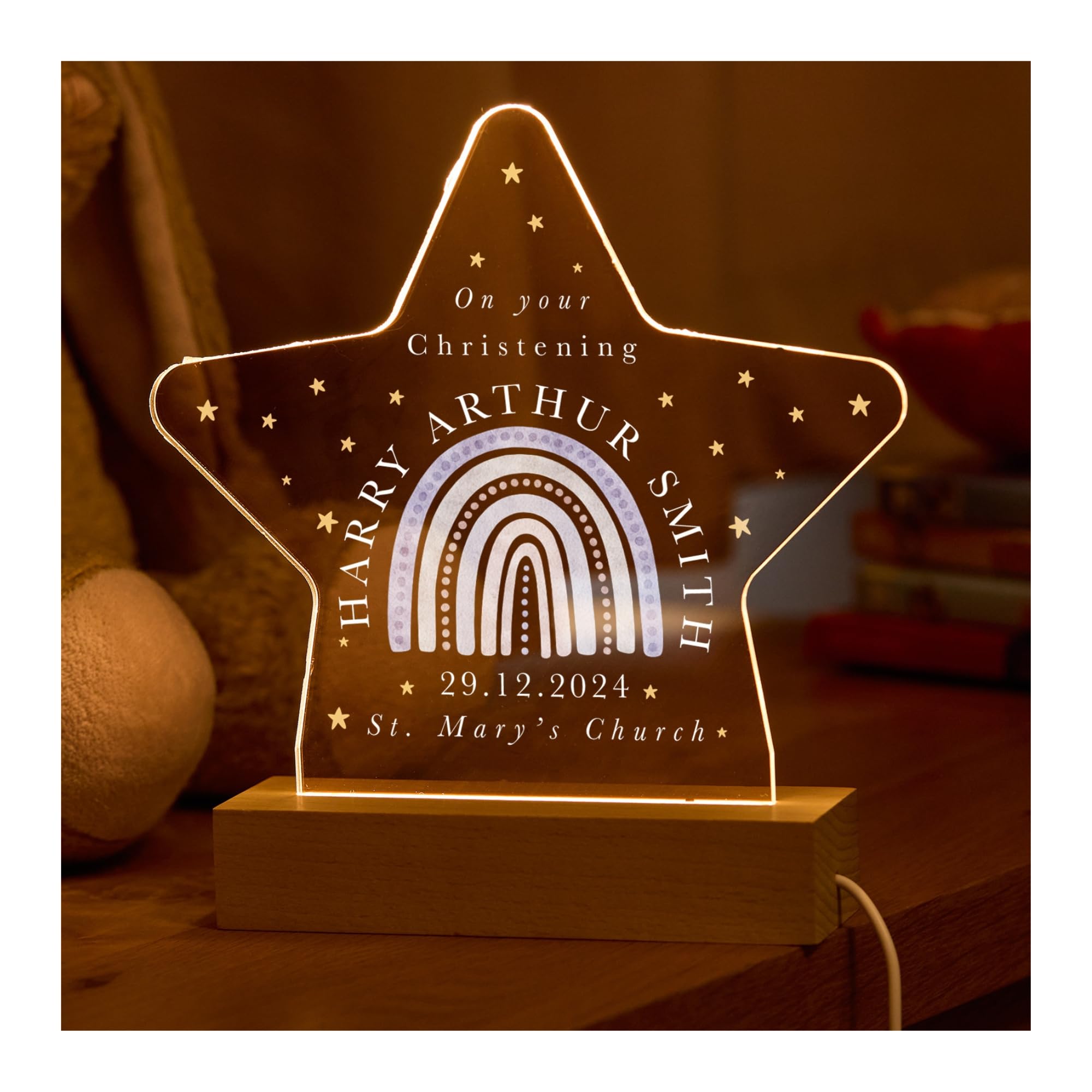 Pomchick Christening Night Light with Name Date and Church Name Gift for Baby Boy Girl Rainbow Son Daughter Nephew Niece Keepsake Star LED Lamp