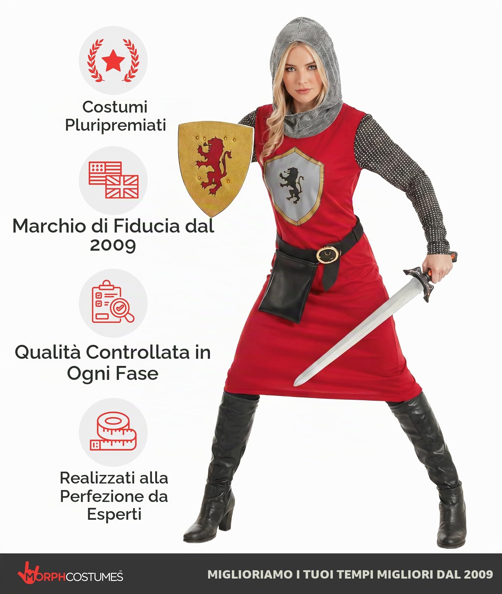 Fun Shack Costume Cavaliere Donna, Costume Medievale Halloween Donna | Abito con Effetto Cotta di Maglia, Cintura & Scudo, Stile Medievale, Perfetto per Halloween, Ideale per Travestirsi