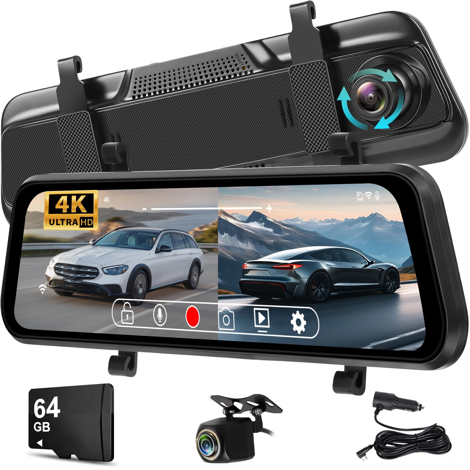 NHOPEEW Dashcam 4K con Cámara Trasera 1080P para Coche | WiFi, Grabación en Bucle, G-Sensor, Monitor de Aparcamiento 24H, Compensación de Exposición, Pantalla IPS de 9,66"