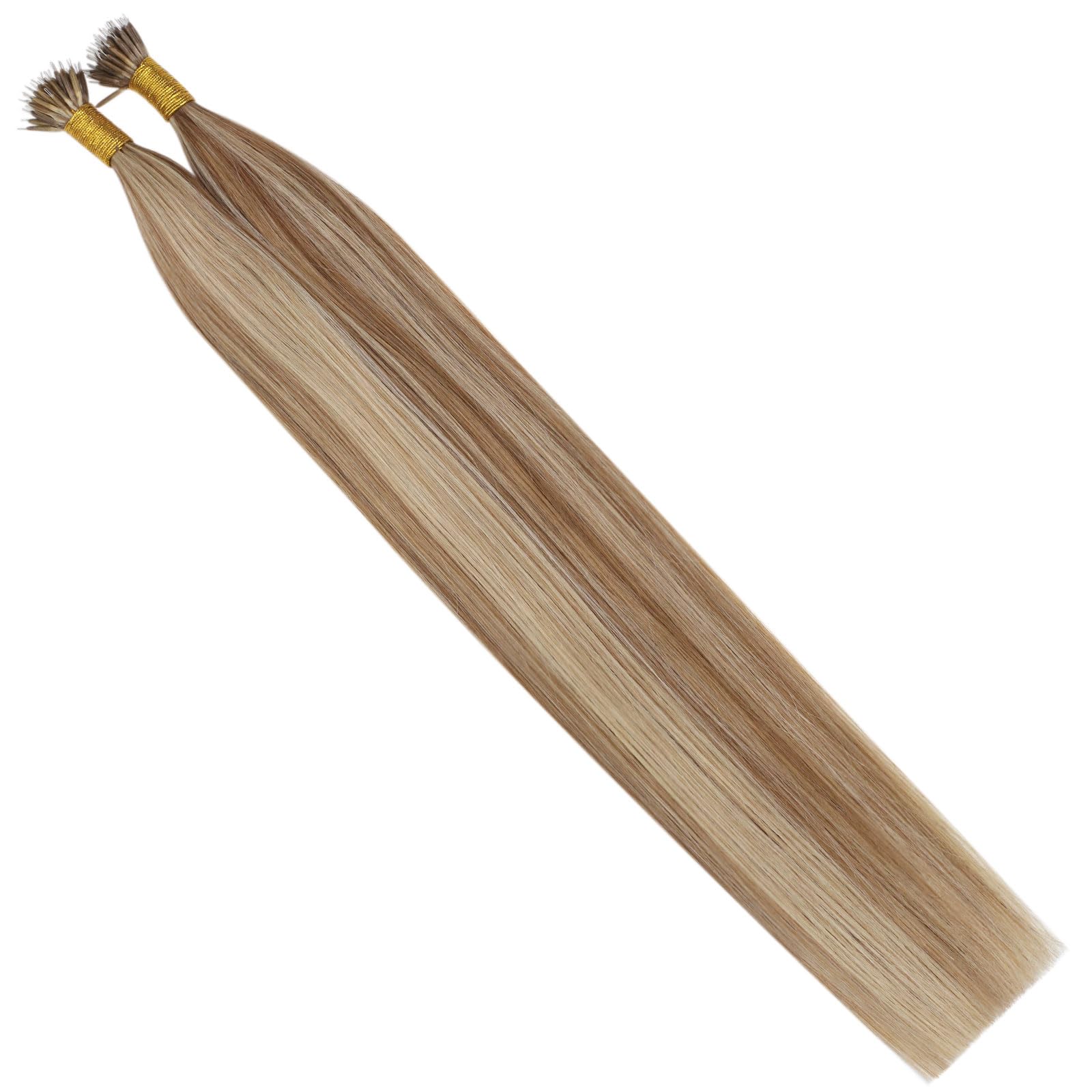 Ugeat Extensions Echthaar Nanoring Goldbraun Highlights 55 cm Extensions Echthaar Nano Highlights Blond Nano Bondings Platinblond 50g 50Strähnen P10/613