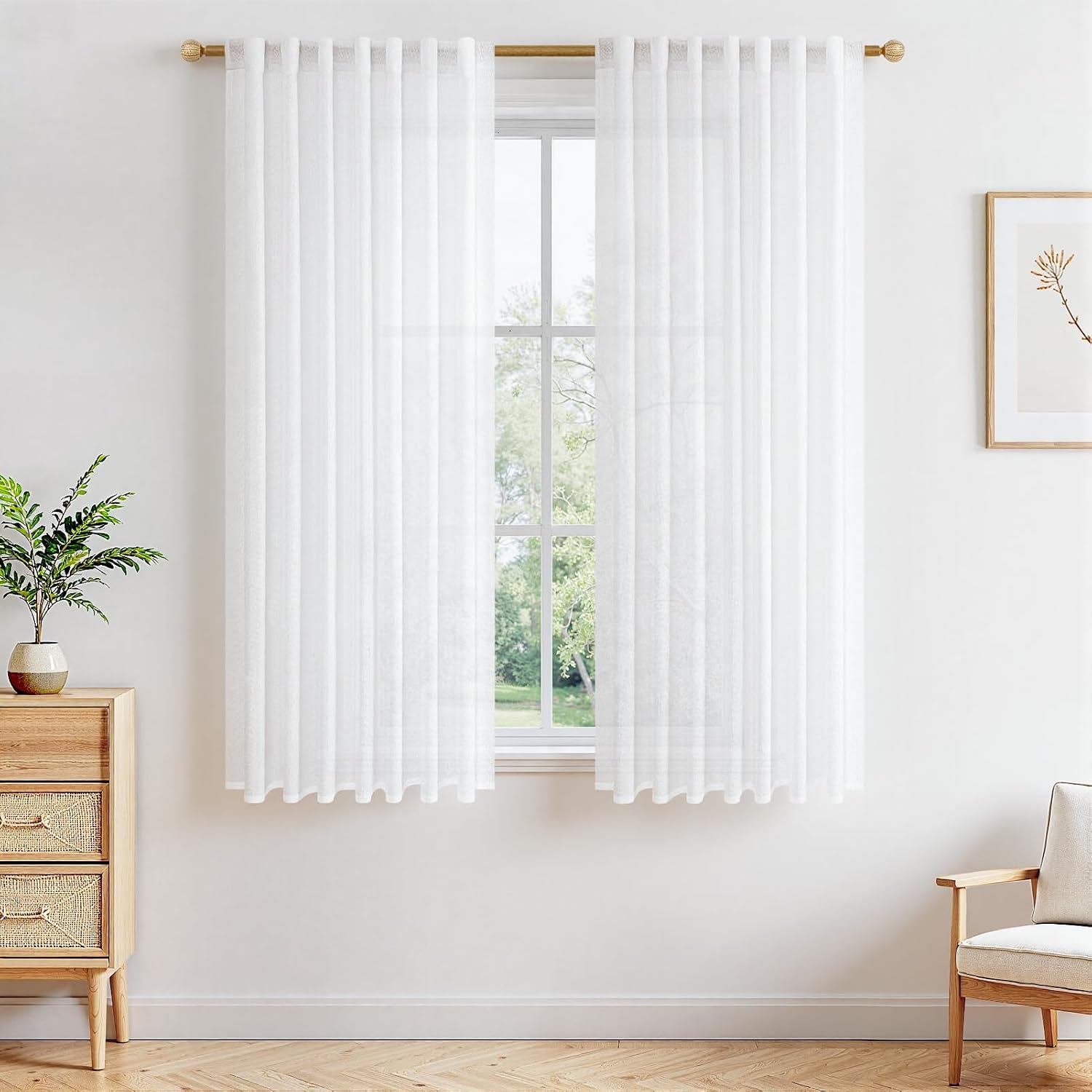 MRTREES Curtains White Linen Look Living Room Modern Short Window Curtain Linen Semi-Transparent Set of 2 H 160 x W 140 cm Short Curtains for Kitchen Children's Room with Concealed Loops