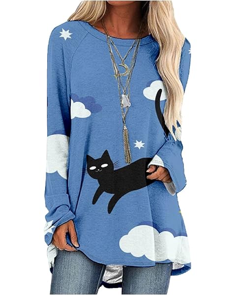 LOAIHA Women's Funny Cat Print Sweatshirt Long Sleeve Pullover Lightweight Hoodie Shirt Cat Sweaters for Women