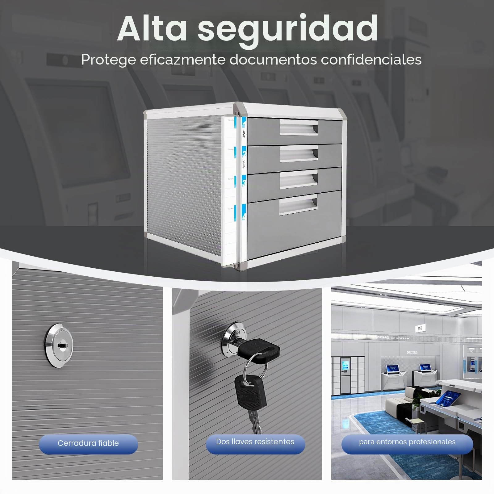 Organizador De Archivos Escritorio con Cerradura Cajones Gabinete De Almacenamiento Documentos A4, Archivador Sobremesa de 4 Niveles (3 Cajones Pequeños + 1 Grandes) para Oficina y Hogar