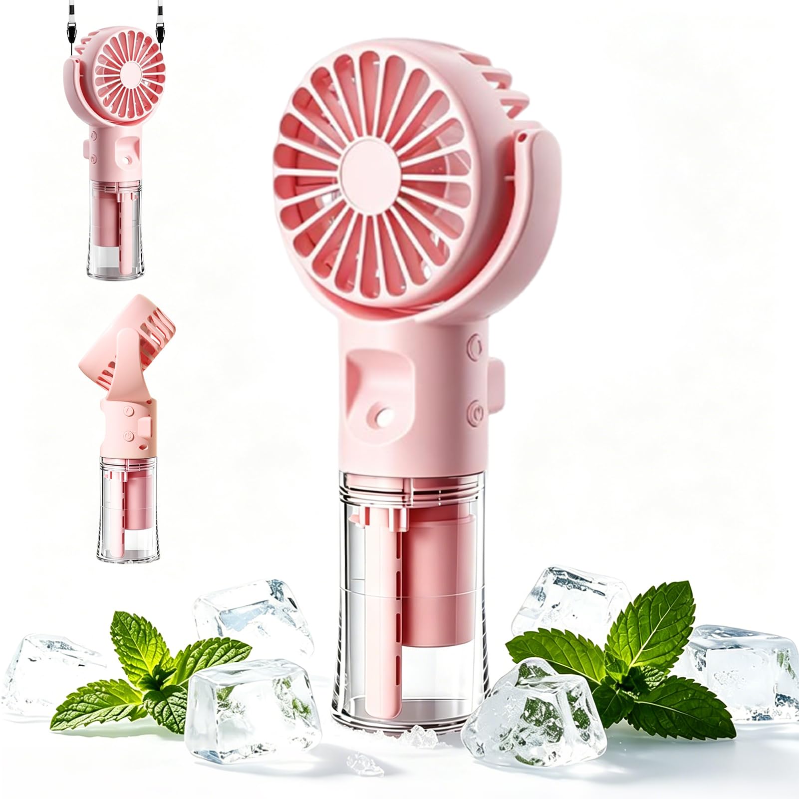 Handheld Fan with Water Mist Spray, Portable Rechargeable Mini Misting Fan with 4 Speeds, Quiet Electric Small Fan Handheld for Holiday Office Travel Camping Outdoor，Pink