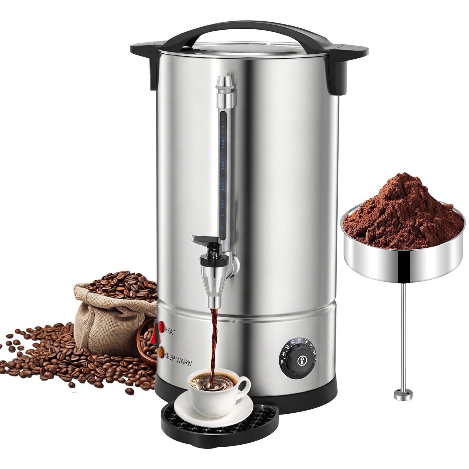 Cafetière urne de 8 l avec filtre rond, en acier inoxydable 304, avec réglage de la température de 30 à 110 °C et indicateur de niveau, pour maison, fête, bureau, mariage