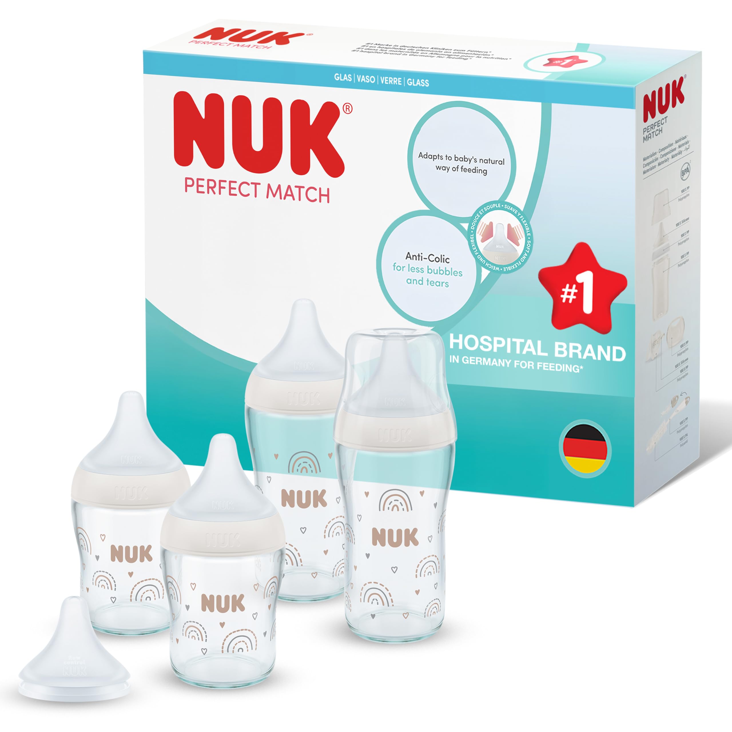 NUK Perfect Match Biberon | 0-3+ mesi | 120 ml & 230 ml | Biberon anti-coliche | Vetro | Indicatore di controllo della temperatura | Arcobaleno | Confezione da 4