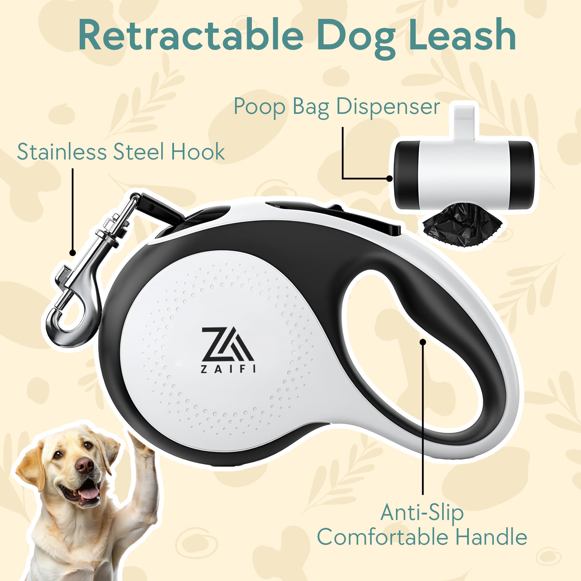 Retractable Dog Lead for medium dogs with Poop Bag Holder Extendable Dog Lead, 360° Tangle-Free Design - Image 2