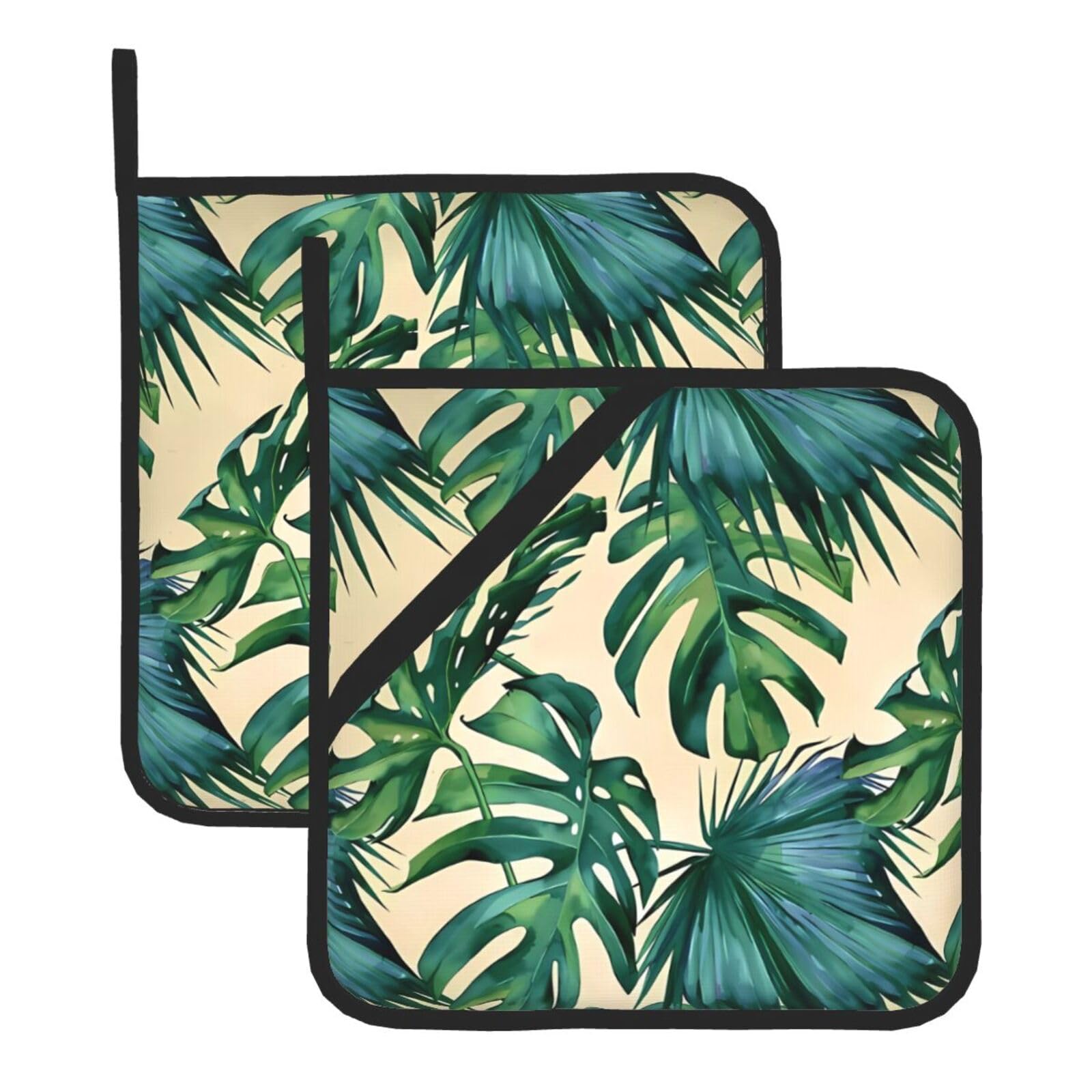 HJFCZH Green banana leaves Prints Square Hot Pads for Kitchen Counter - Waterproof Pot Holders, Durable Heat Resistant Throw Layers for Serving, Oven & BBQ - 2 Pack