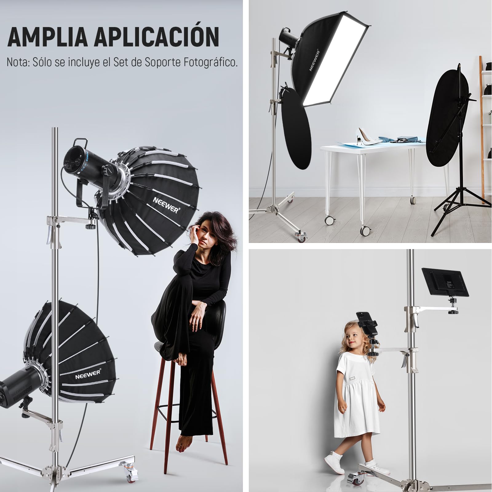 NEEWER Soporte de luz de Acero Inoxidable de 198 cm, Soporte de trípode Resistente con Ruedas giratorias, 2 Brazos deslizantes con Agarre de Pistola, Pata Plegable para fotografía, Caja de luz
