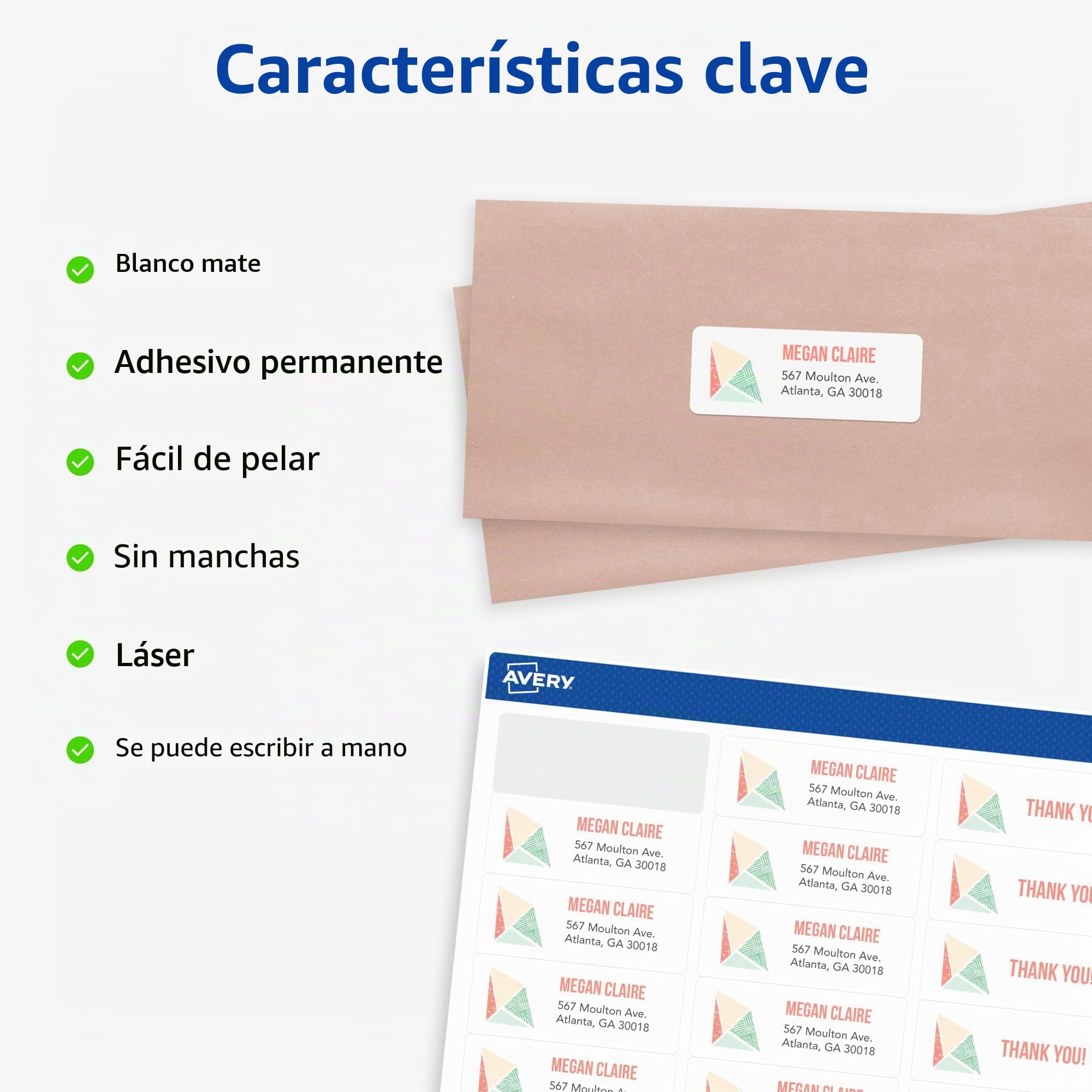 Avery 5160 Etiquetas autoadhesivas blancas para direcciones (blancas, autoadhesivas, láser, rectangulares con esquinas redondeadas, 3000 artículos, 100 hojas)