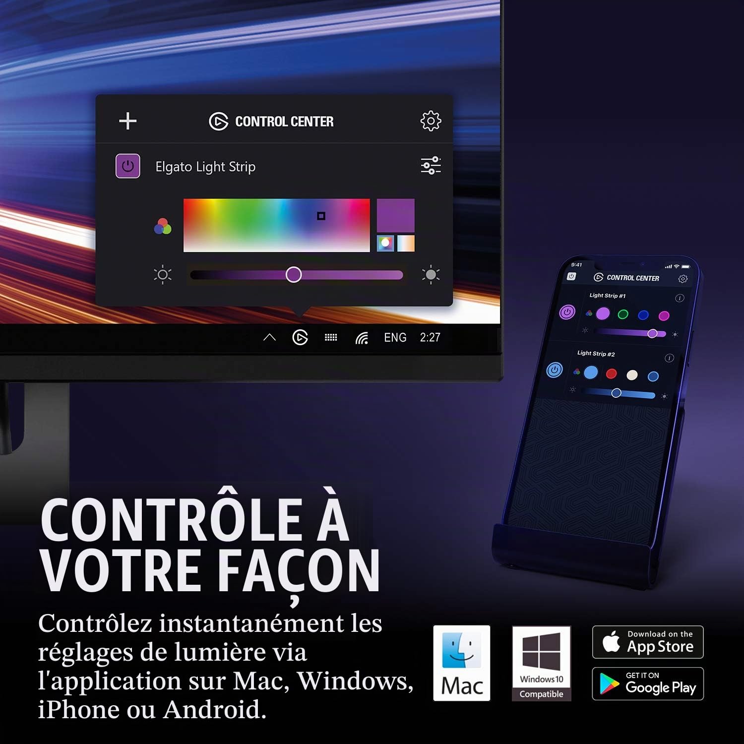 Elgato Light Strip, système d’éclairage intelligent avec 16 millions de couleurs, blanc chaud ou froid, contrôle sur iOS/Android, PC/Mac, Stream Deck, idéal pour le gaming, le streaming et la maison