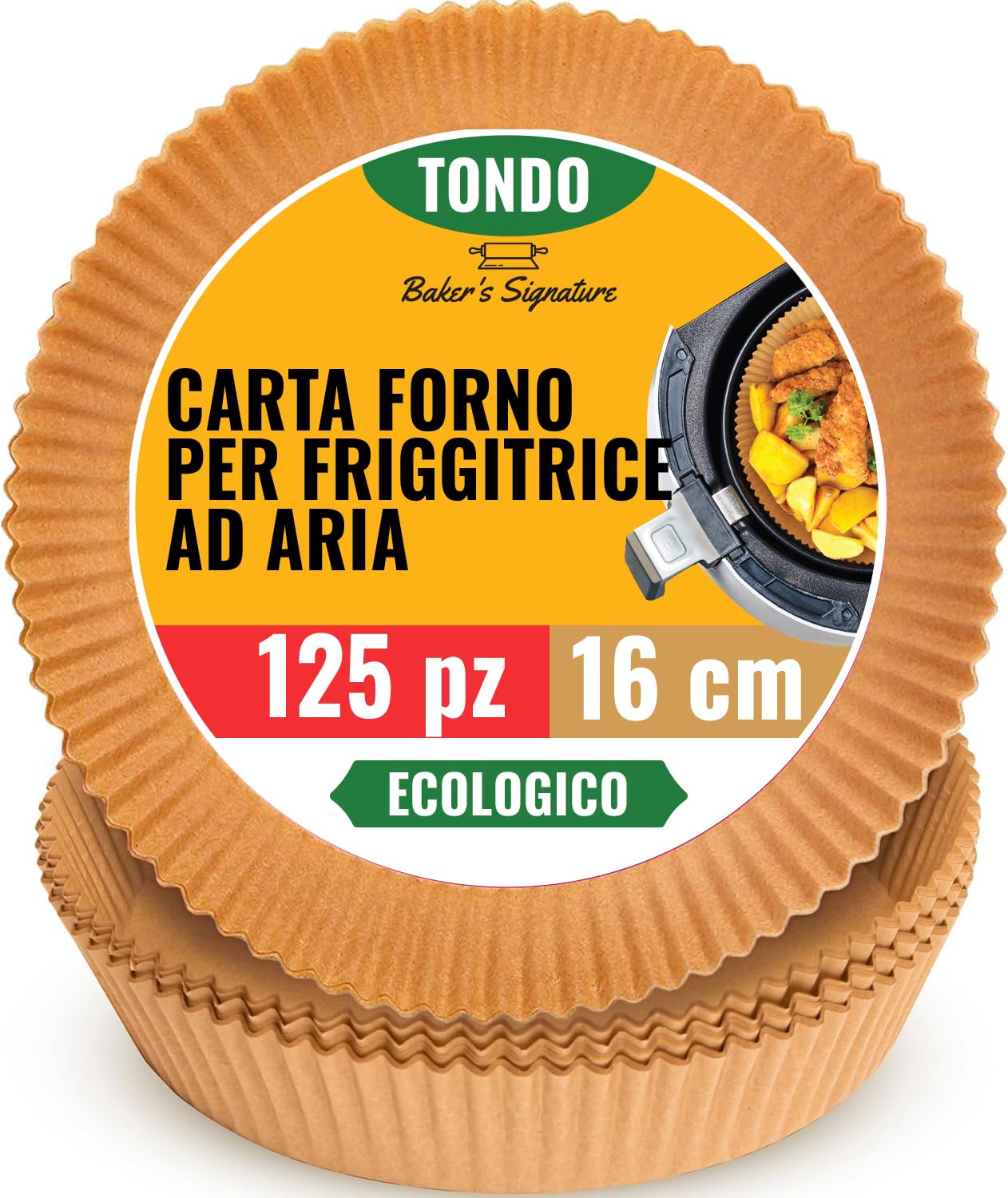 Carta Forno per Friggitrice ad Aria, 125 Fogli Usa e Getta – 16 CM, Rotonda, per Ninja, Tefal, Cosori e Altri – Non Candeggiata, Accessori per Pulizia Facile da Baker's Signature