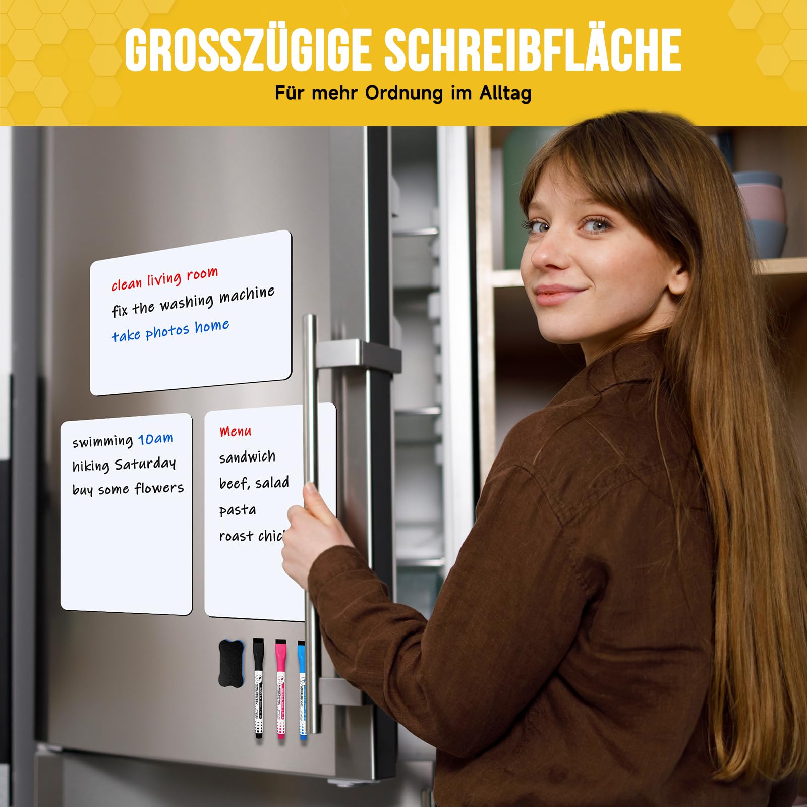 3 Stück Mini Magnetisches Whiteboard für Kühlschrank 30x20cm | Abwischbare A4 Magnetfolie für Küche u. Familie. Zuschneidbarer Wochenplaner. Inkl. 3 magnetische Stifte, 1 Schwamm
