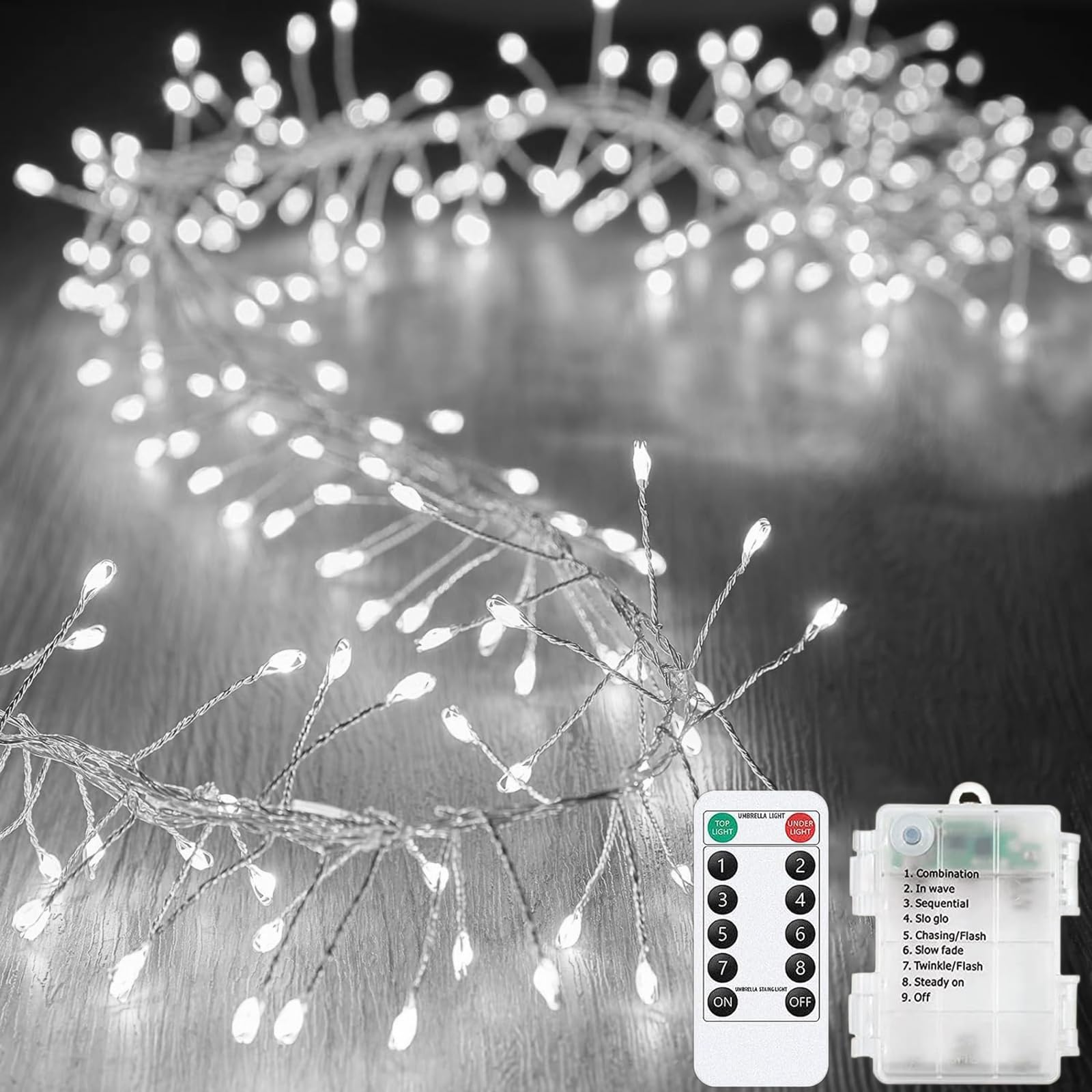 KINGCOO Firecracker String Fairy Lights with Remote, 29.5FT 300LED Silver Wire Cluster Lights Battery Operated with Timer for Outdoor Indoor Bedroom Wedding Christmas Party Decoration (White)