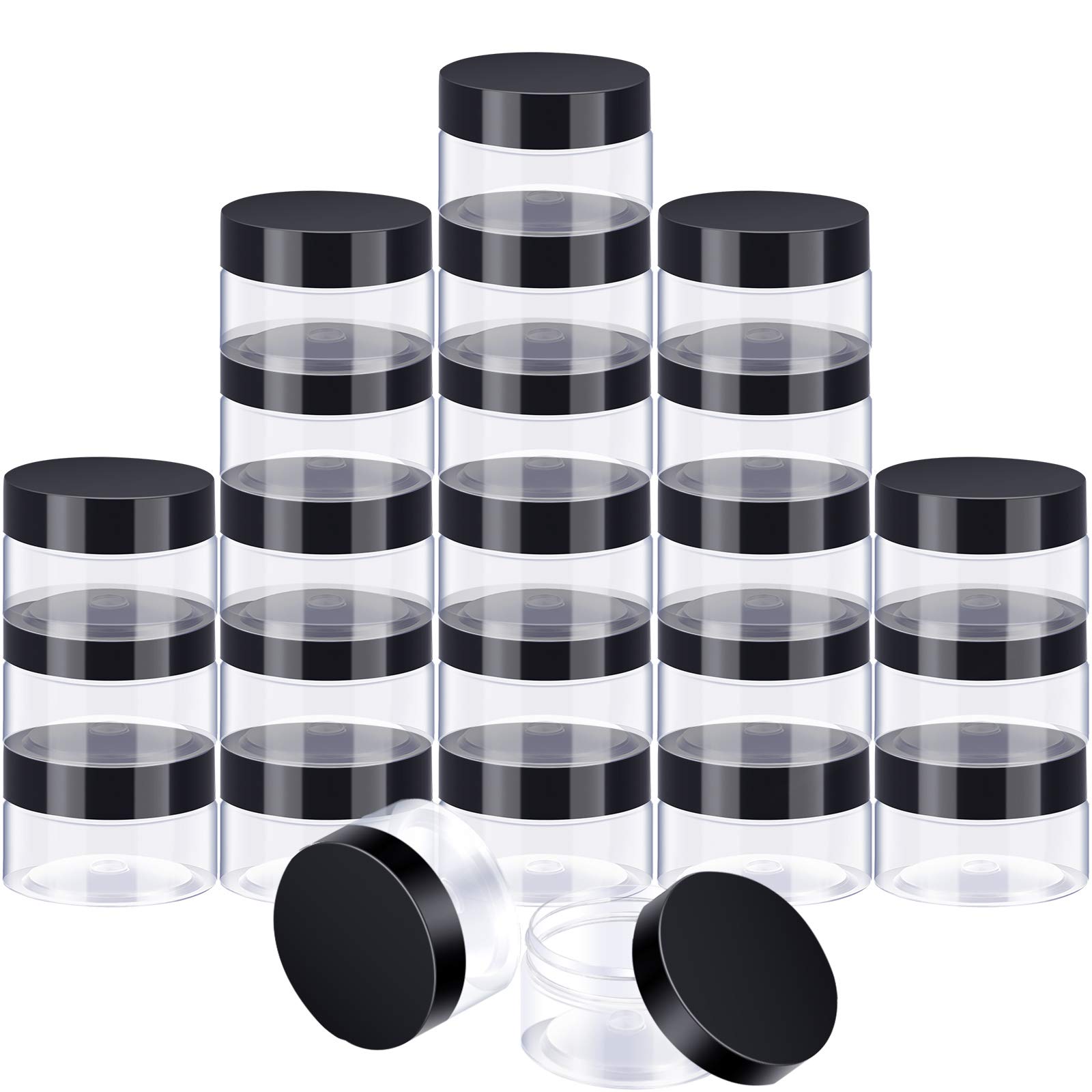 SATINIOR 24 Pieces Empty Clear Plastic Jars with Lids Round Storage Containers Wide-Mouth for Beauty Product Cosmetic Cream Lotion Liquid Butter Craft and Food (Black Lid, 4 oz)