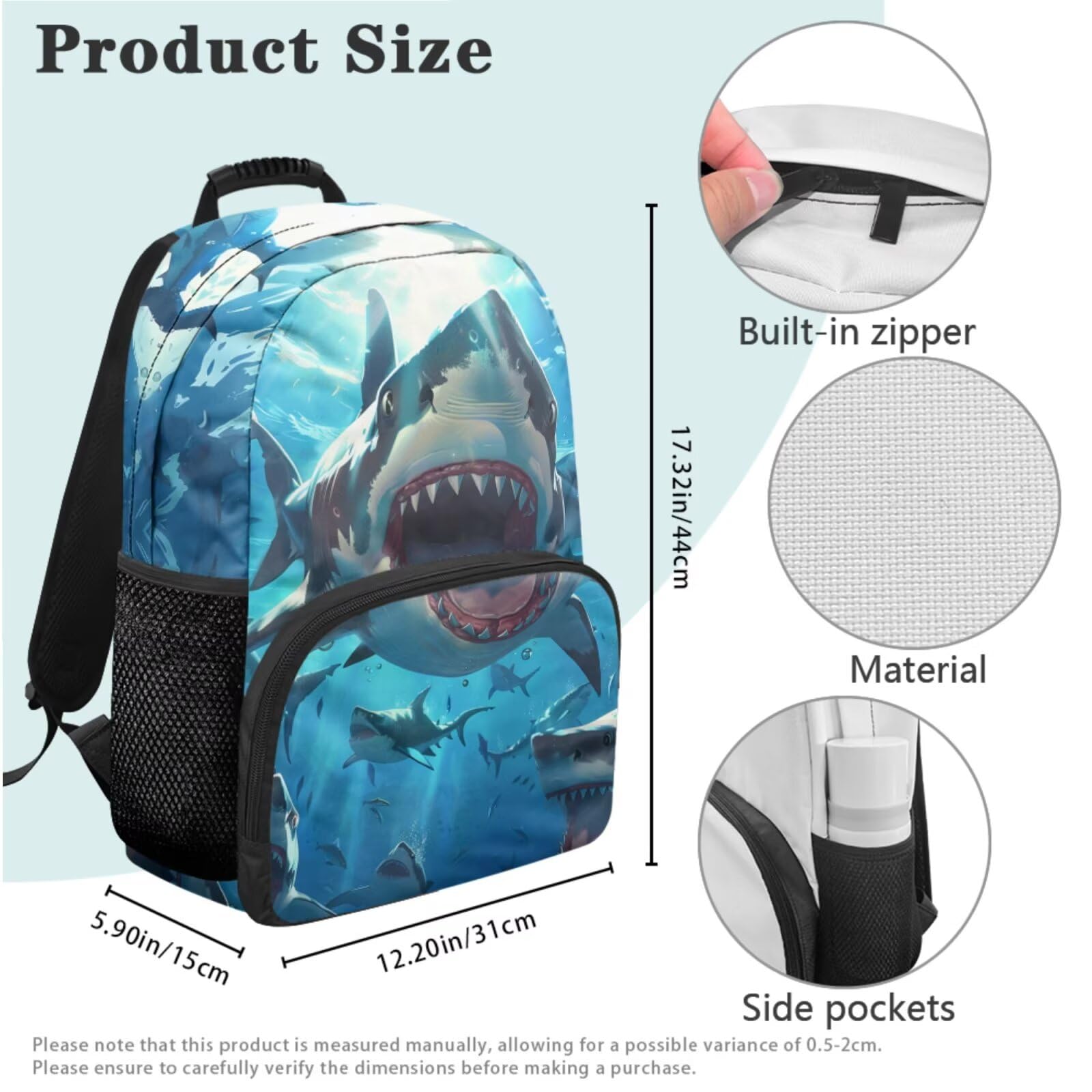 Dolyues Rucksack und Lunchbox-Set für Jungen, 4. Klasse, Schulrucksäcke für Grundschulkinder, Büchertaschen, Alter 8–10 Jahre, 4-teilig, hai, Tagesrucksack