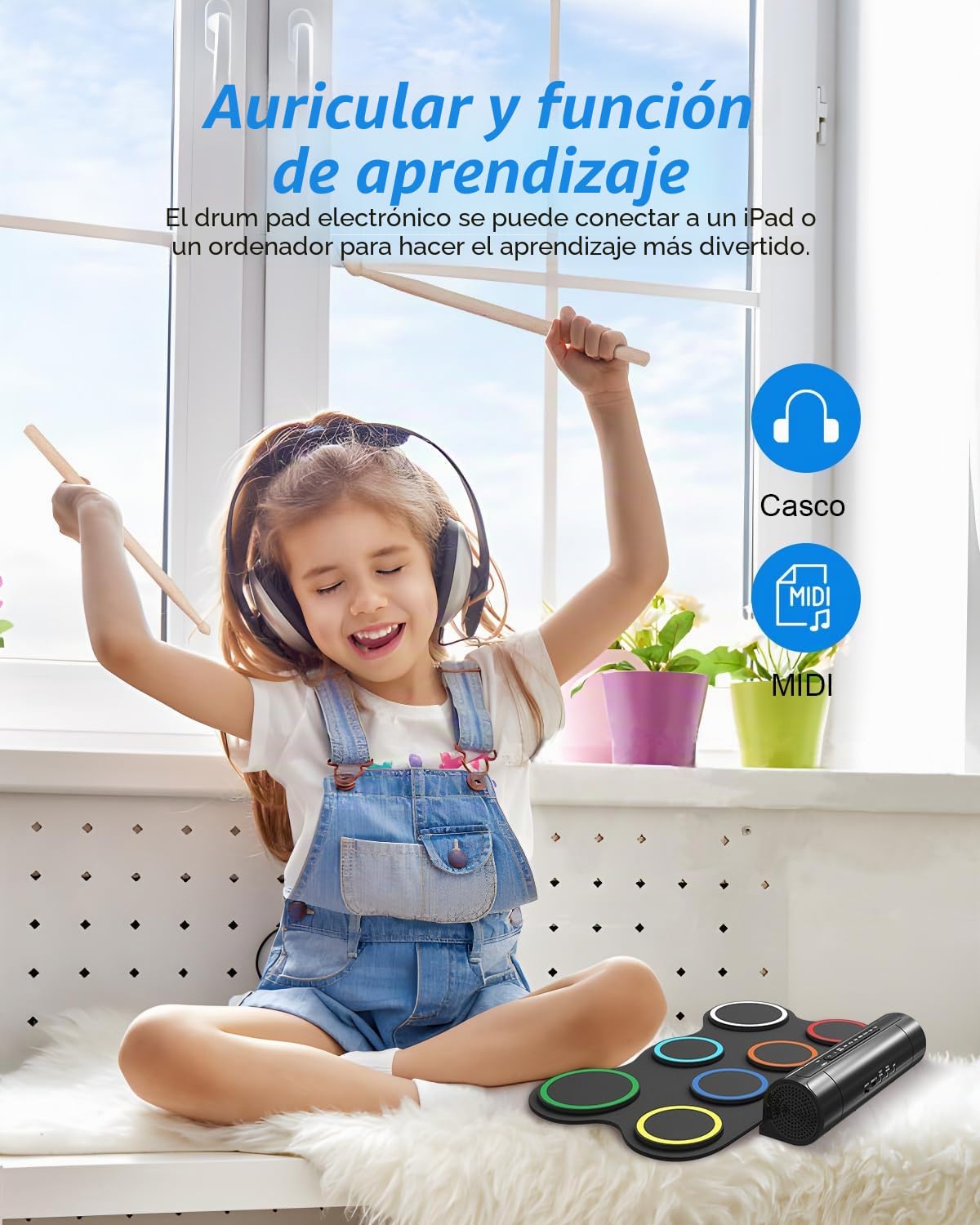 Batería electrónica, 7 almohadillas, batería electrónica plegable con baquetas y altavoces duales, juego de batería eléctrica portátil de color para niños, principiantes, cumpleaños y regalo