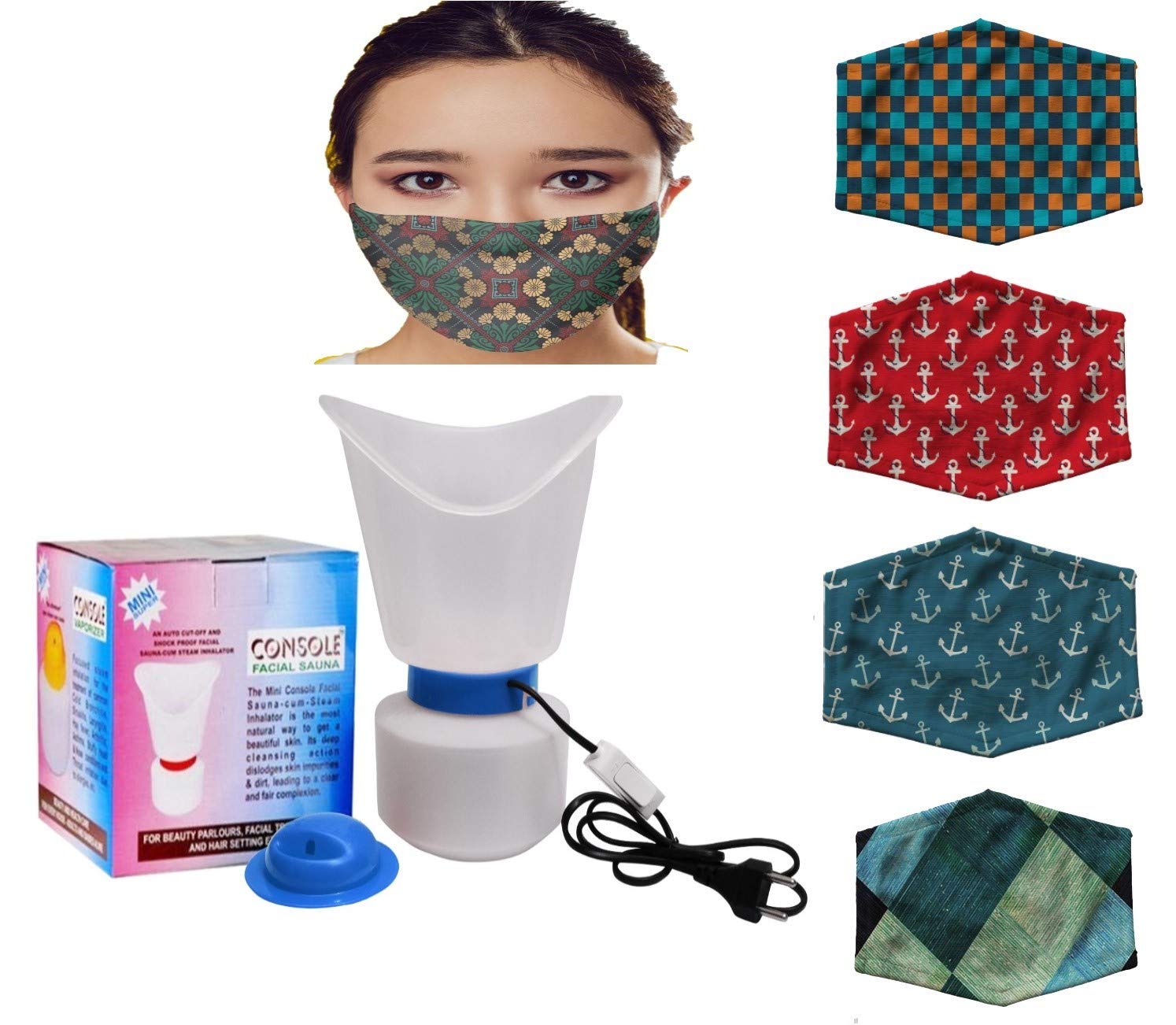 Console Combo of 2 in 1 Mini Steamer for Facial Sauna Vaporizer/steam inhaler/nasal/nose vaporiser (Without Switch) with 5-Pcs of Designer Washable Mask-image-27